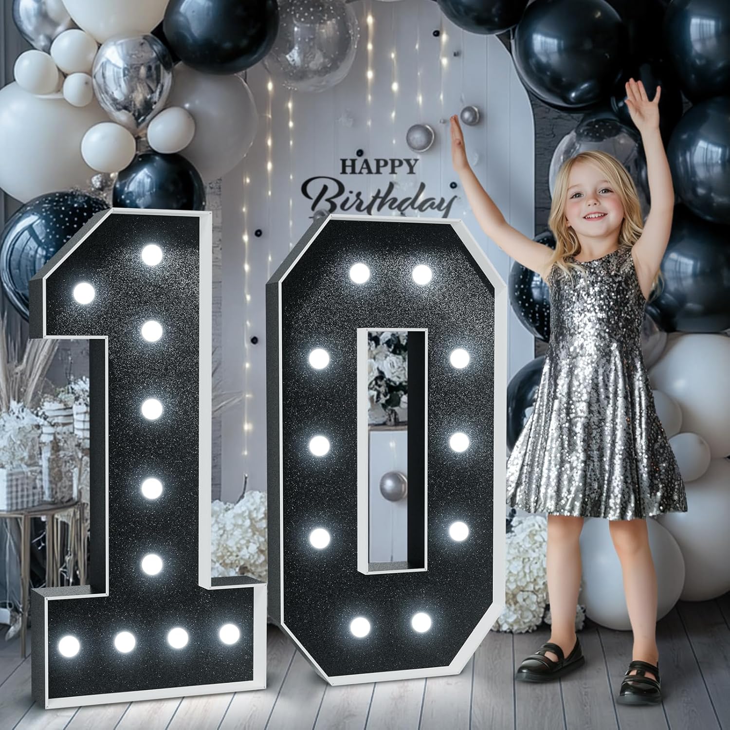 Black Marquee Numbers 4 Feet Tall: Large 10th Birthday Decorations for Her Him 4FT Light Up Numbers White Anniversary Party Decor Big Backdrop Foam Cardboard Number 10