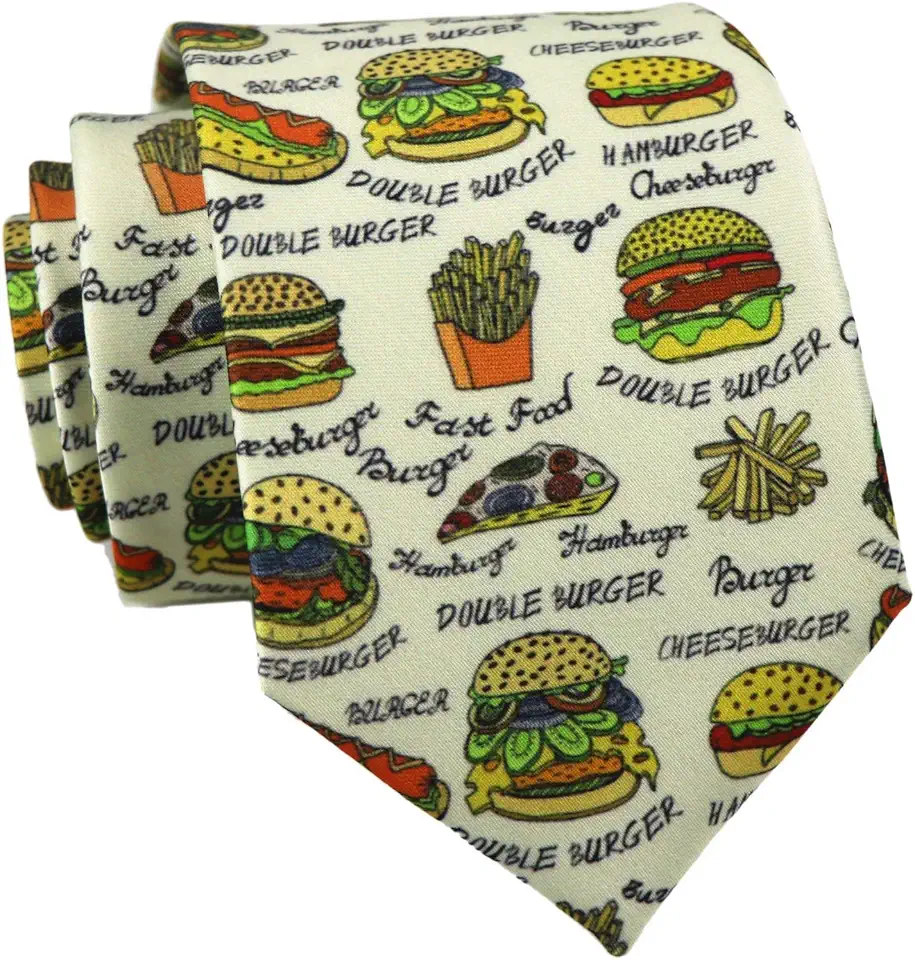Gravatas Divertidas para Homens Meninos Estampa Animal Engraçada Halloween Gravata Impressa Artesanal, Hambúrgueres, tamanho �nico