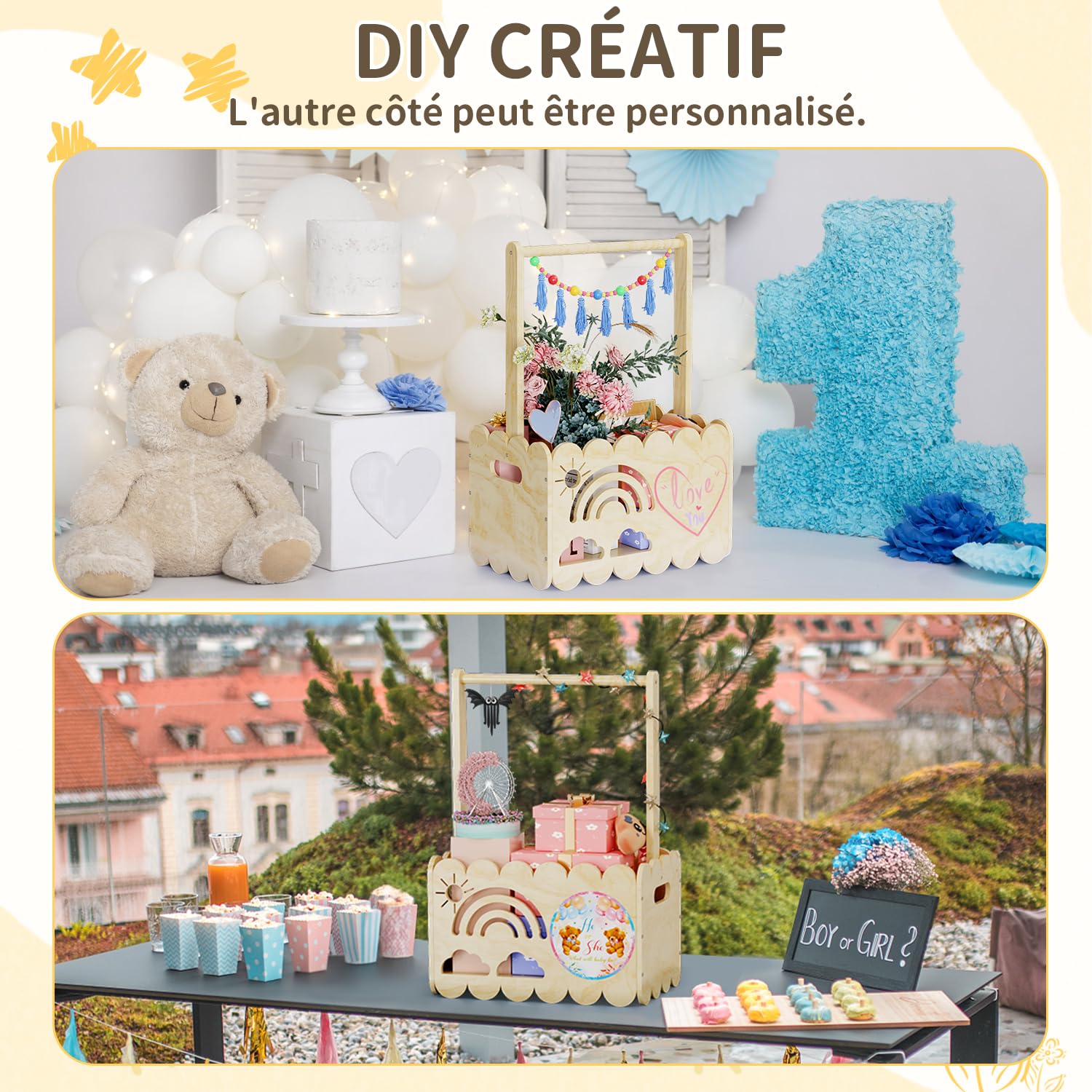Cadeau Nouveau Né - Panier Cadeau En Bois Pour Bébé - Cadeau Naissance Fille Ou Cadeau Naissance Garçon, Cadeau Baby Shower, Cadeau Bébé Naissance, Boite Souvenir Bebe, Cadeau Grossesse