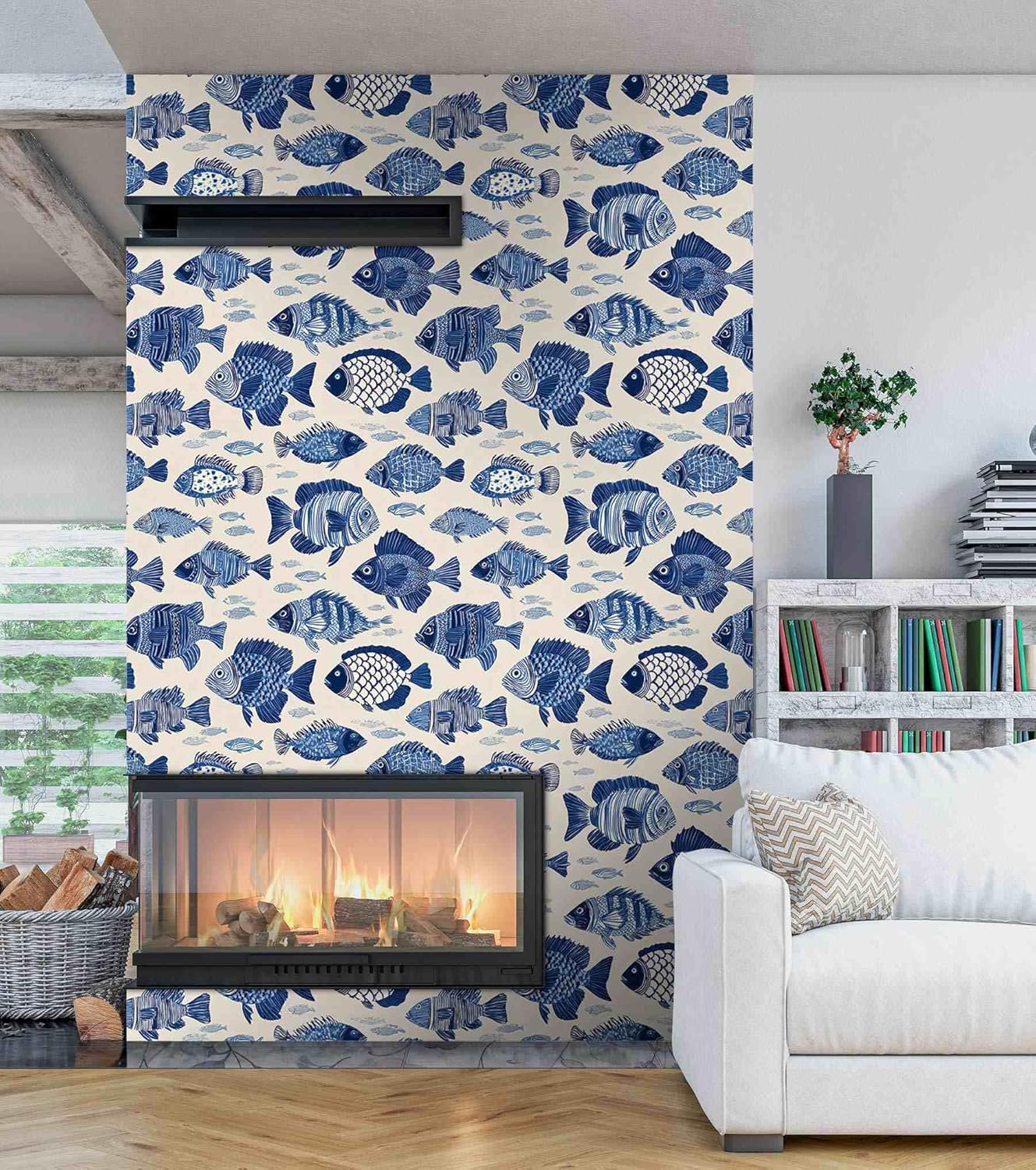 Coastal Blue Fish Peel and Stick Wallpaper, Nautical Ocean Fish Wallpaper for Home Decor | Self-Adhesive, Waterproof Vinyl, 17.7" x 118"