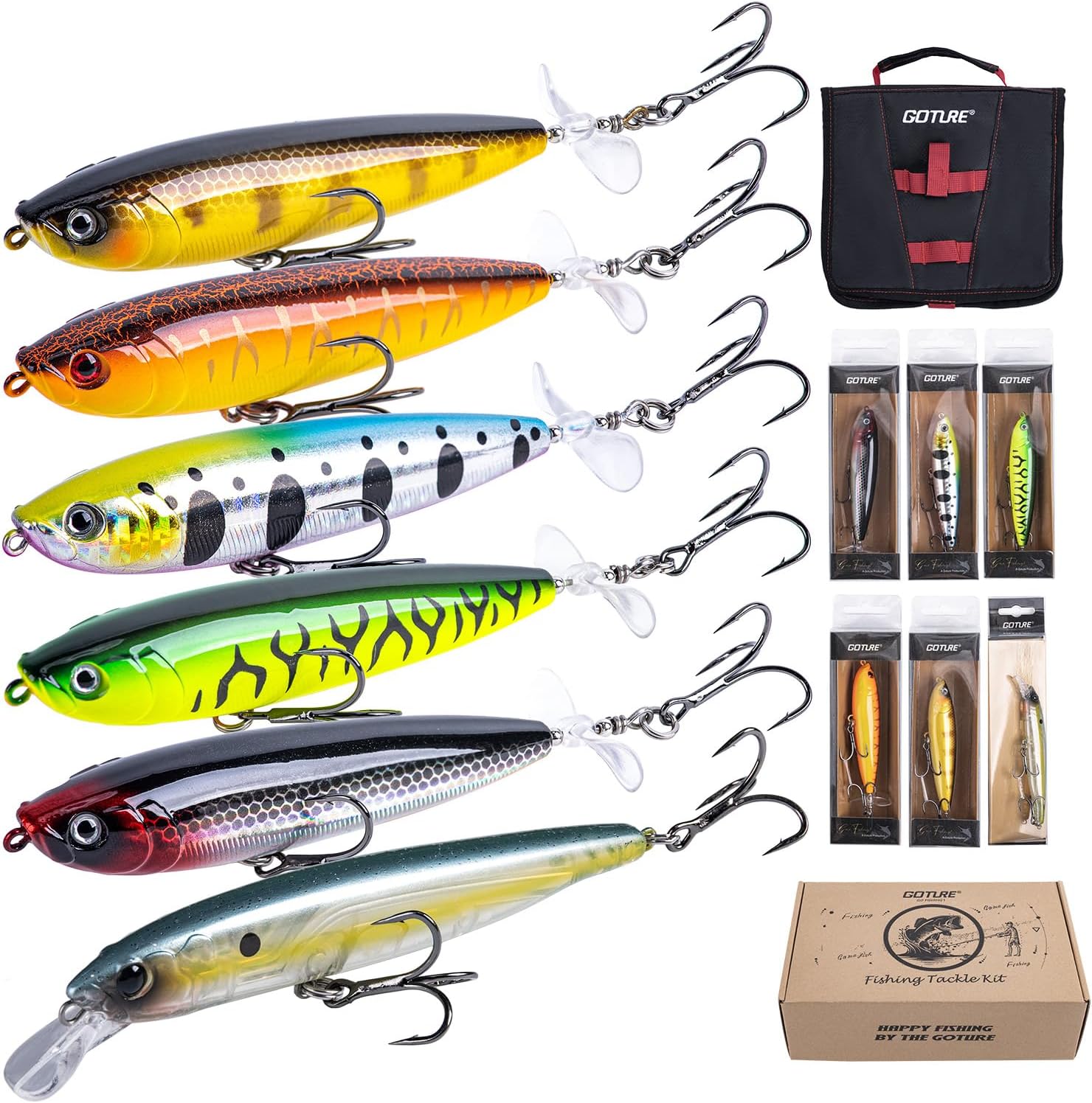 Goture Topwater Fishing Lures, Bass Popper Lure Kit, Top Water Plopper Fishing Lures with Double Blade Rotating Tail, Floating Lure for Freshwater Saltwater Bass Walleye Pike Catfish, Gifts for Men