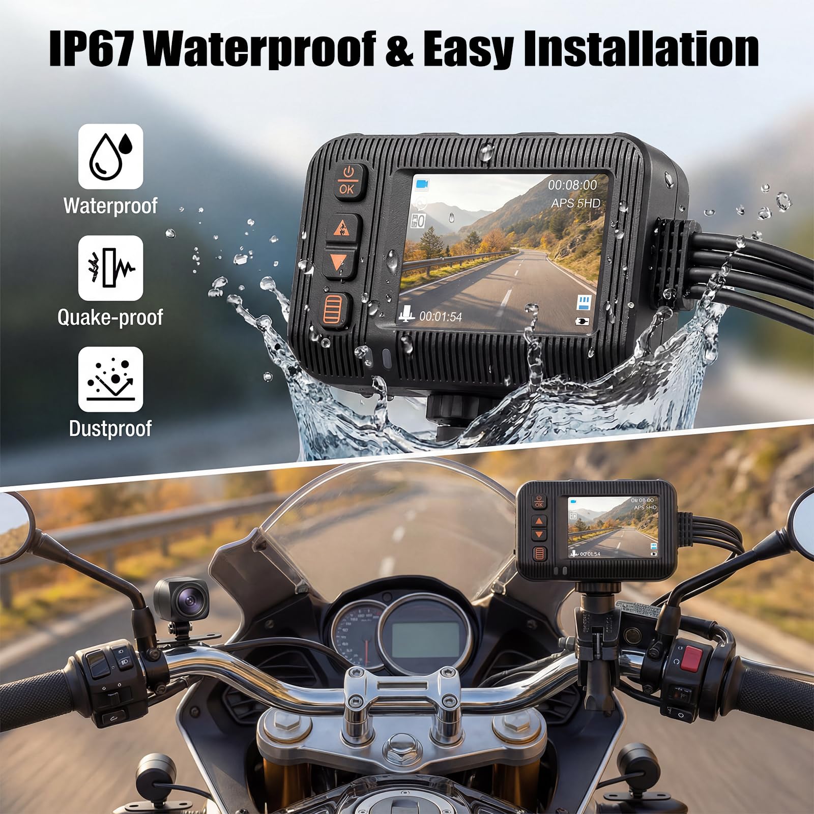 Moto 2-Pollici con Doppia Dash Cam, Videocamera Impermeabile per MOTO con Riprese Anteriori e Posteriori, con Visione Notturna, Sensore G, Doppia Lente, Registrazione in Loop, Dashcam DVR