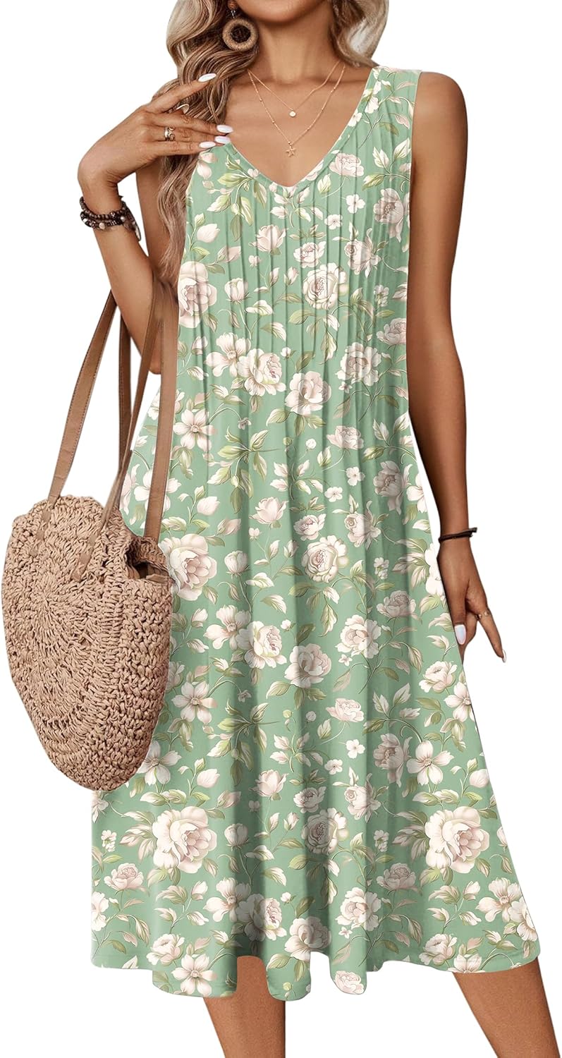Zeagoo Women Summer Casual Dresses 2026 Sleeveless Midi Pleated Tank Sundress with Pockets V Neck A Line Swing Tshirt Dress