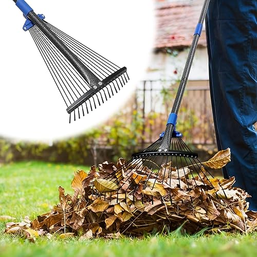Expandable Rake for Leaves, Garden Leaf Rake for Lawns with 8-17“ Width & 65” Height - Lightweight Metal Yard Rakes for Women & Kids, for Pine Needles, Grass, Dog Poop - Easy Storage for RV & Camping