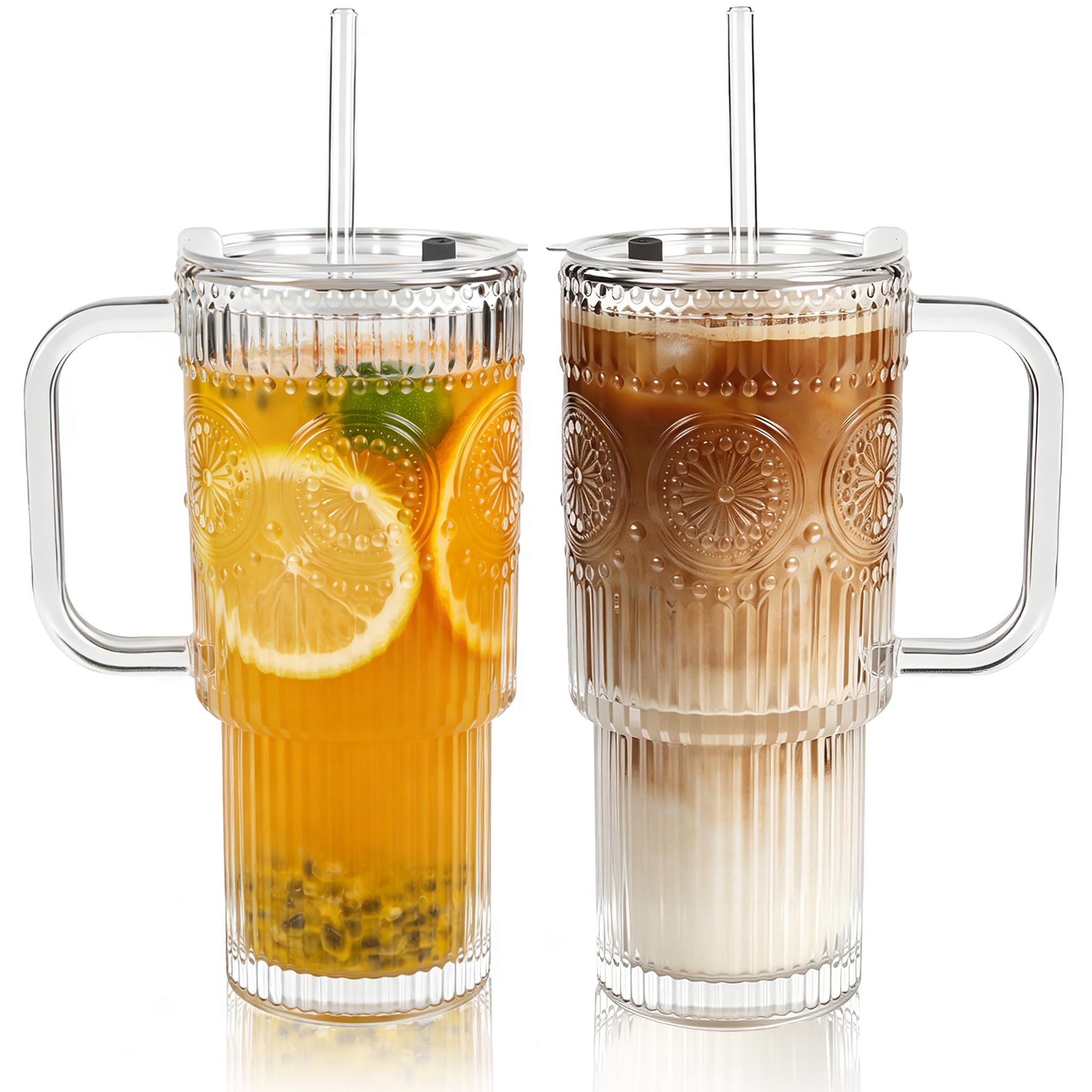 1ZIZIFA8 750ml Glass Tumbler with Lid & Straw, 2 Pack - Ribbed Design with Handle, Large Leakproof Iced Coffee Cup for Smoothies, Matcha, Latte, Bubble Tea & Cold Drinks - Dishwasher Safe