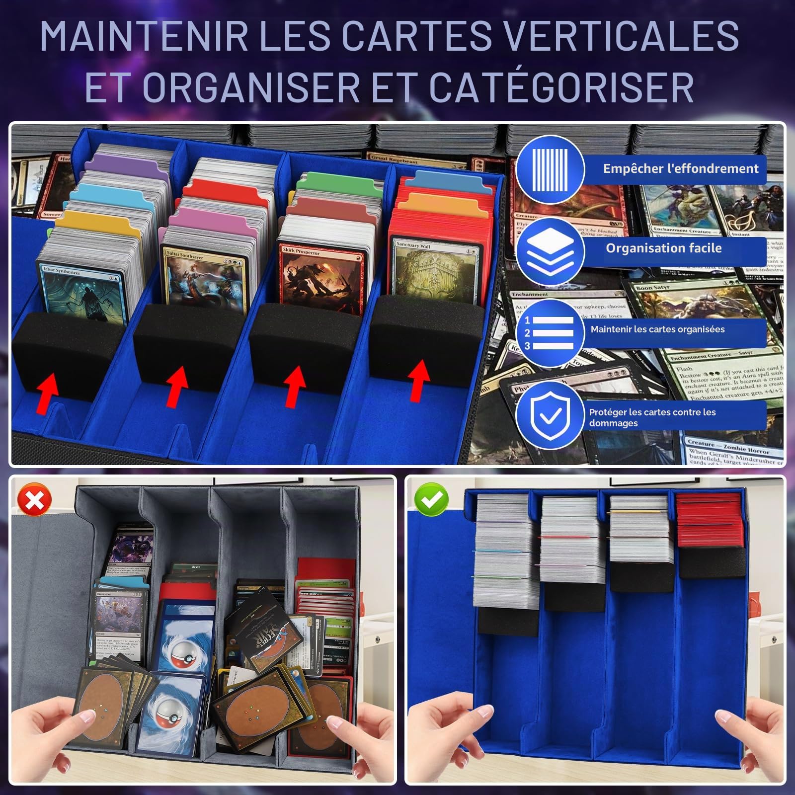 Boîte à Cartes pour Plus de 3200 Cartes, Boîtes de Rangement pour Cartes à Collectionner Avec 24 Séparateurs et 4 Mousse, Boîtes Magnétiques de Qualité Supérieure, pour Magic the Gathering(Noir Bleu)