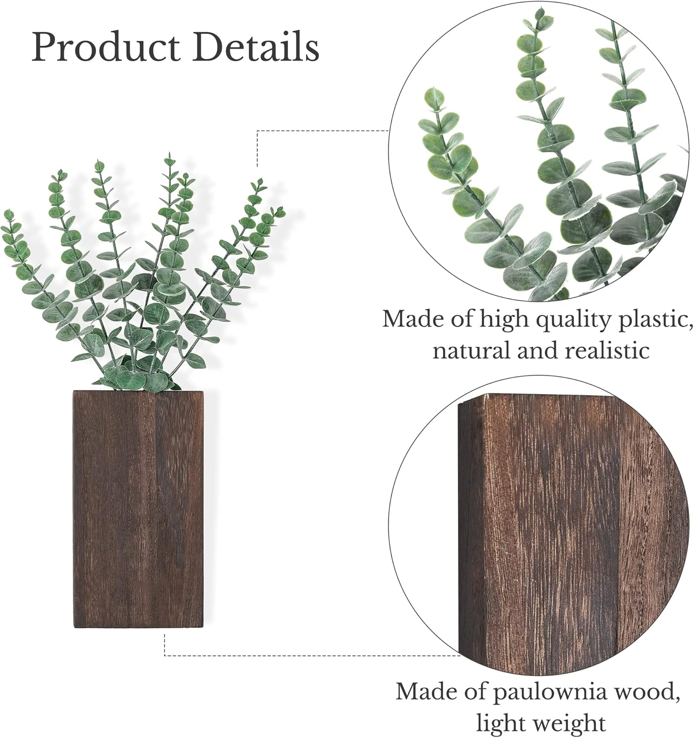 Dahey 2 Pack Wood Wall Planter and Metal Wall Vase with Artificial Plants, Farmhouse Wall Hanging Decor Pocket Planter for Indoor Fake Plants Greenery Flowers, livingroom Bedroom Kitchen Home Office D
