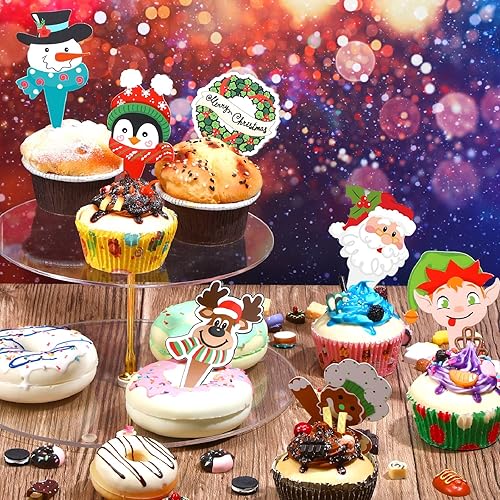 Miniatura 4 de Blulu 96 piezas de decoraciones de fiesta de Navidad, decoración de cupcakes, envoltura de Papá Noel, muñeco de nieve, reno, elfo, pingüino, árbol