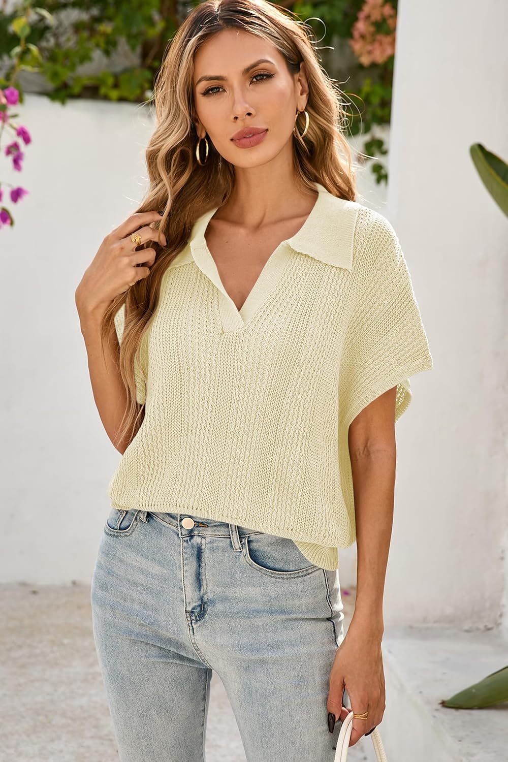 Cakulo Womens Short Sleeve Sweaters Tops Spring Summer 2026 Polo V Neck Collared Crochet Knit Vacation Casual Work Top - Image 2