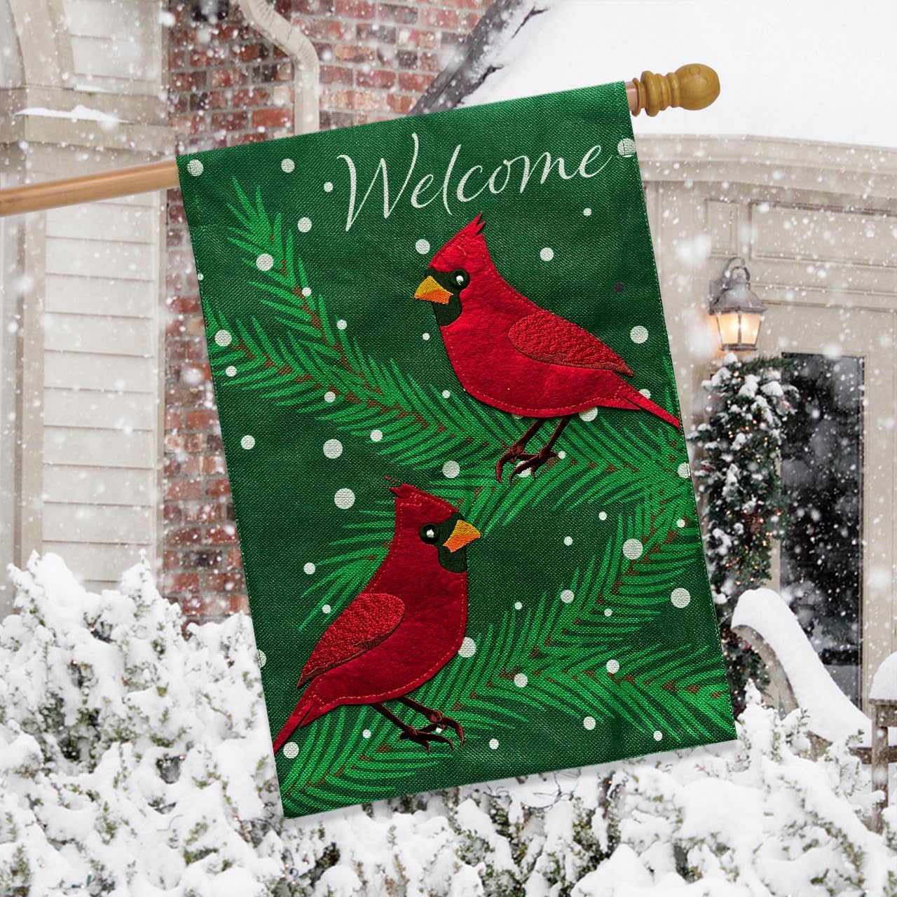 Briarwood Lane Cardinals in Snow Burlap House Flag