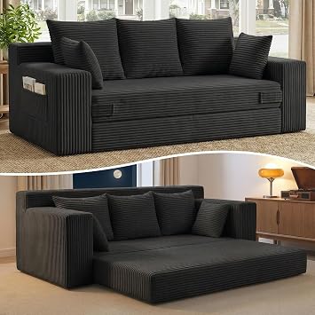 Boneless Couches 70 inch 3-in-1 Convertible Sofa Bed Futon Couch Bed, Oversized Loveseat Sleeper Sofa with 5 Pillows, Black Small Couch for Living Room, Bedroom & Small Space