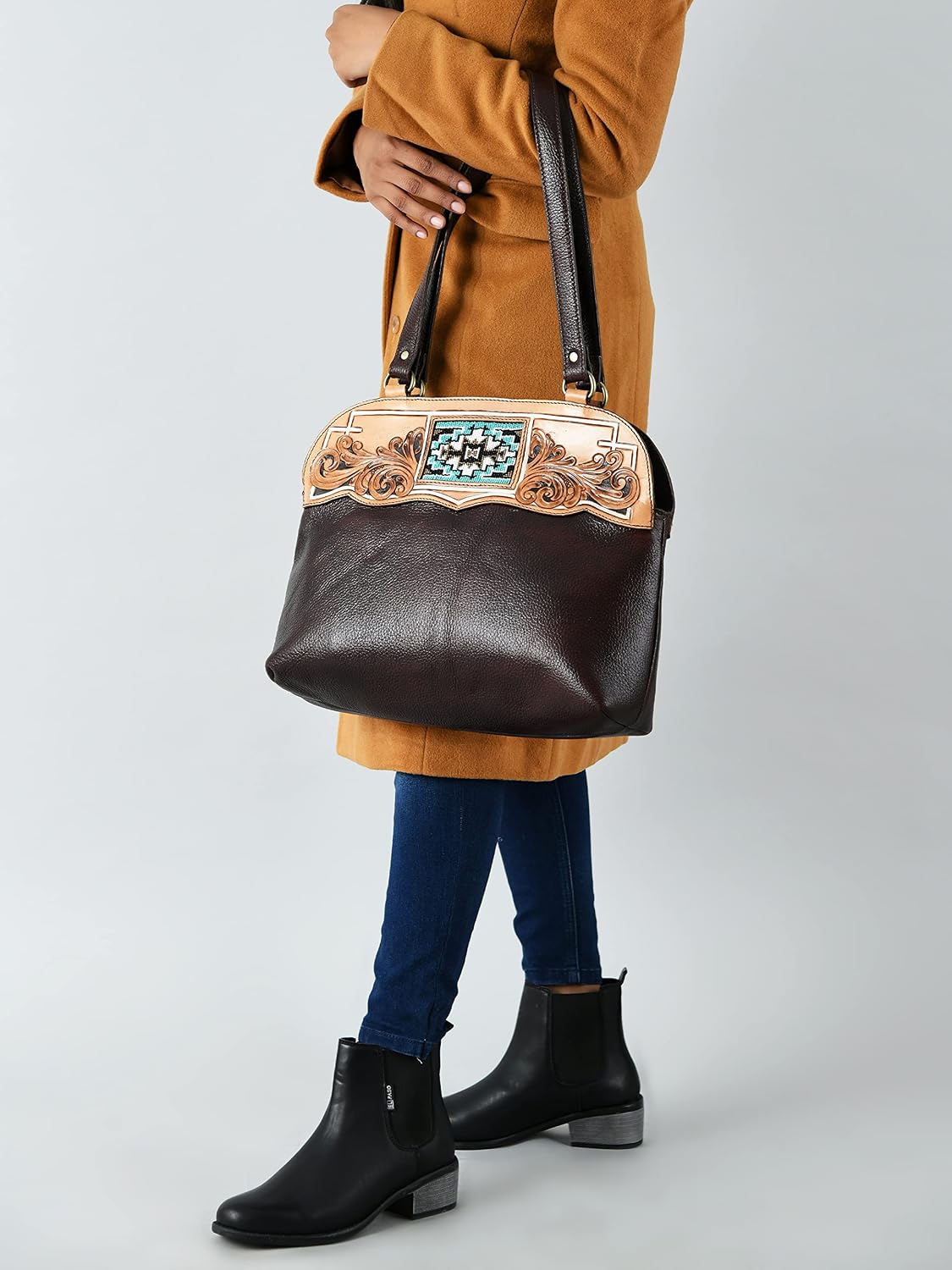 Top Grained Leather Tote Shoulder Bag from, Hand Tooled and Carved Big Capacity Handbag for Women