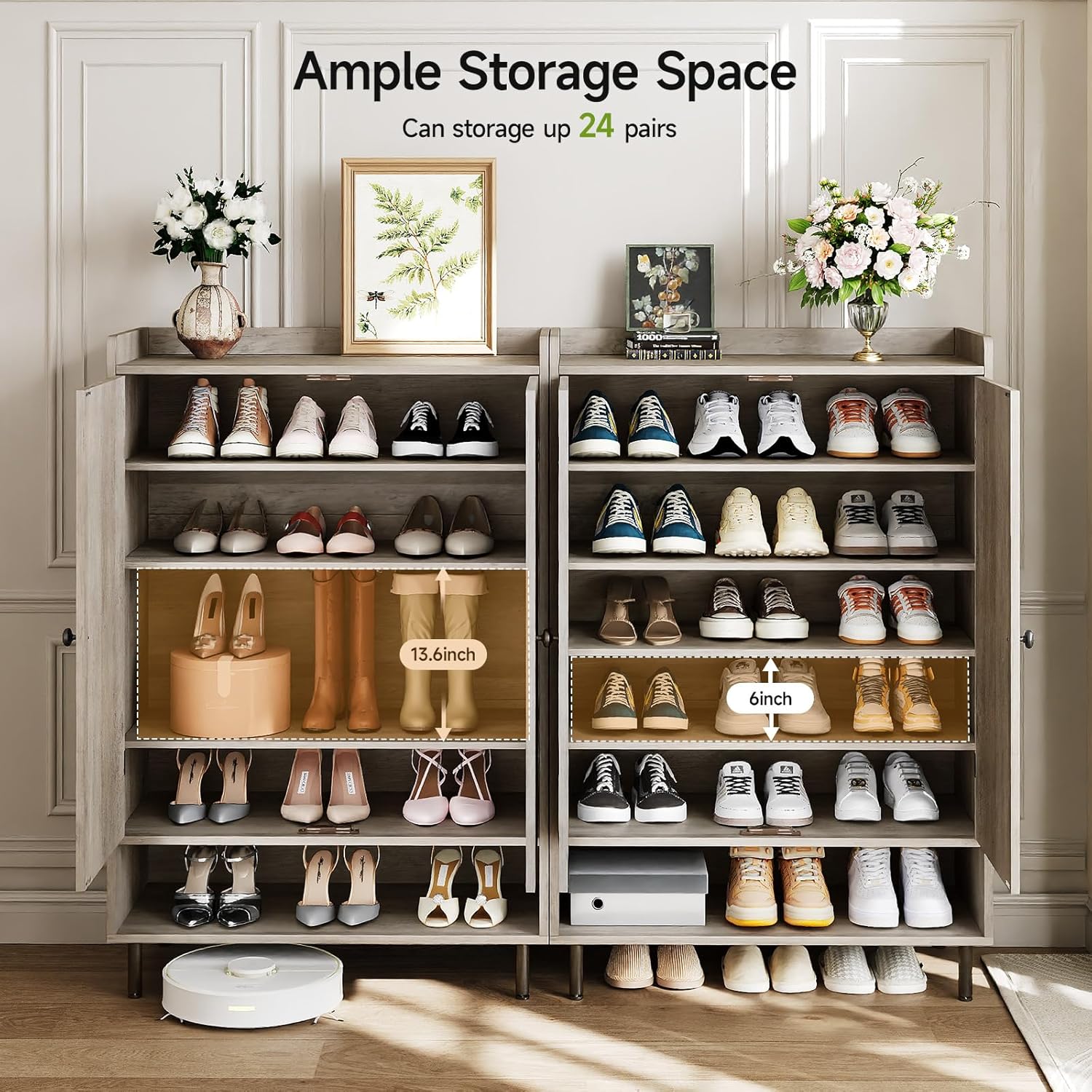 ComfyCorner Grey 7+1 Tier Farmhouse Shoe Storage Cabinet - 45" Tall Entryway Organizer with Cross Molding Doors, 3 Adjustable Shelves & Metal Legs, Shoe Rack for Front Door Entrance
