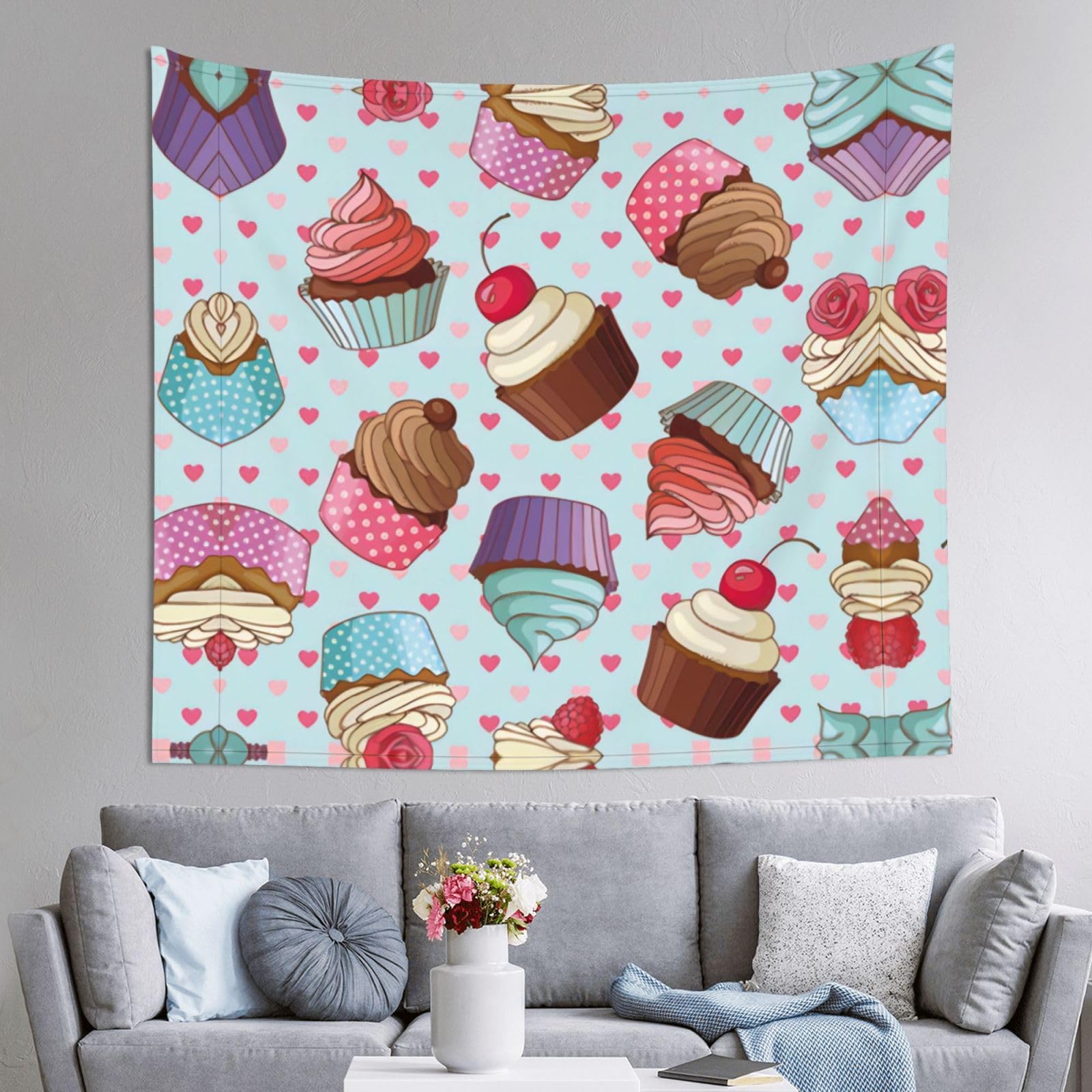 HLSBSSL 60x51in Cupcake Pattern Printed Tapestry Tablecloth for Dormitory and Picnic Rooms - Multifunctional Fabric Hanging