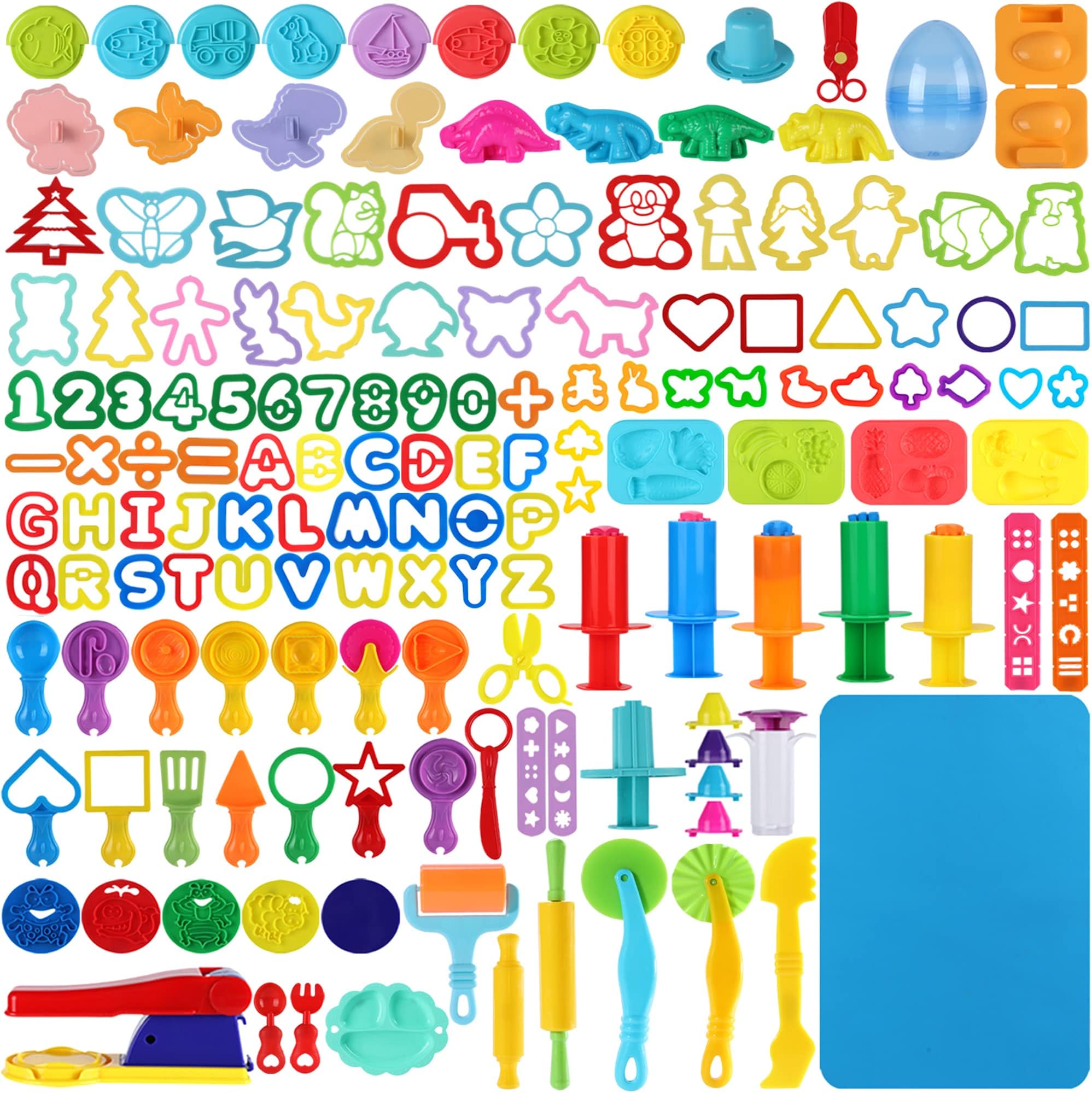 144 PCS Dough Tools Set for Kids Ages 3-8 – Includes Letter & Number Cutters, Animal Cutters, Dinosaur Molds, Extruder, Scissors, Rollers, Dough Mat, Storage Bag