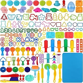 Oun Nana 144 PCS Playdough Tools Set for Kids, Playdough Accessories Various Shape Molds, Animal, Dinosaur, Stamps, Letters, Numbers, Extruder, Scissors, Cutters, Rollers, Dough Mat with Storage Bag