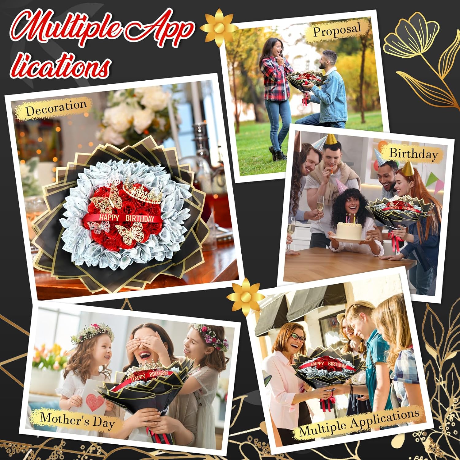 Maysing Money Bouquet Kit 12 Pcs Glitter Roses 20 Sheet Flower Wrapping Paper DIY Flower Bouquet Floral Foam Blocks Sticker for Anniversary Birthday Mother's Day Graduation(Red) - Image 8