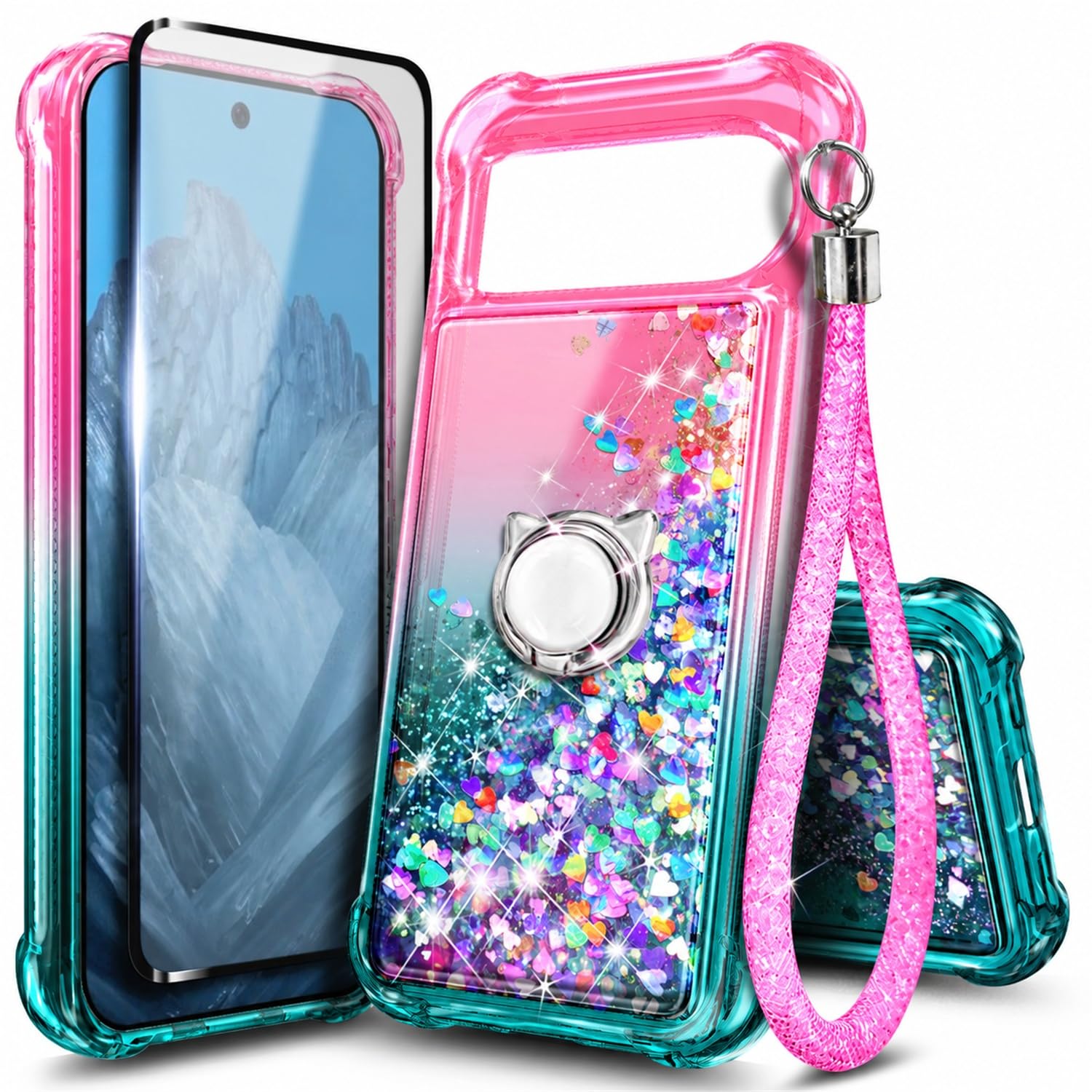 NGB for Google Pixel 9/9 Pro Case, Cute Liquid Glitter, Pink/Aqua