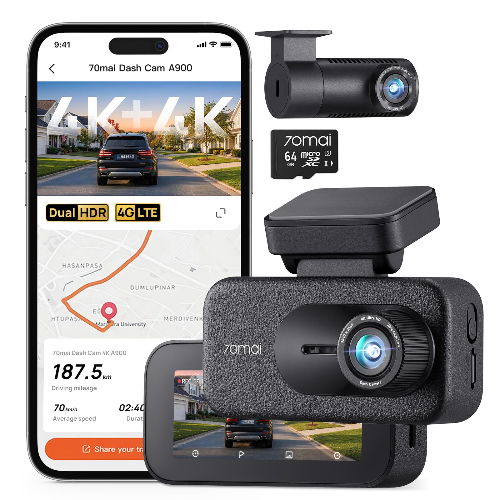 70mai Dash Cam Auto 4K 3 Canali T800E · Telecamera Tripla 4K+1080P+1080P — immagine 14 di 15