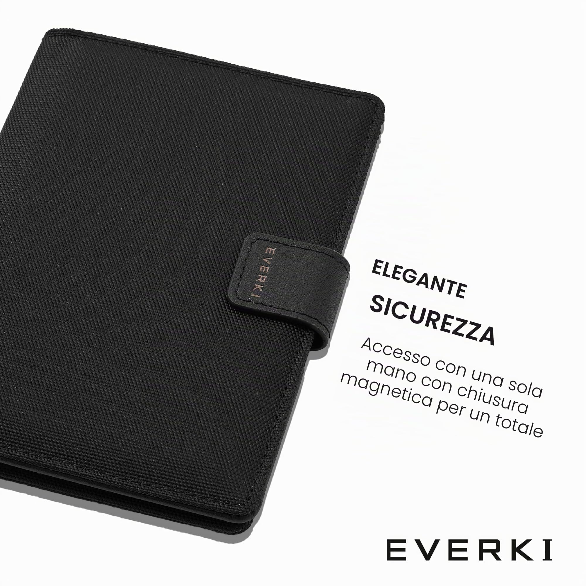 Everki porta passaporto RFID – custodia sottile anti-RFID per viaggio, copertura protettiva per passaporto, accessorio da viaggio donna/uomo – Nero