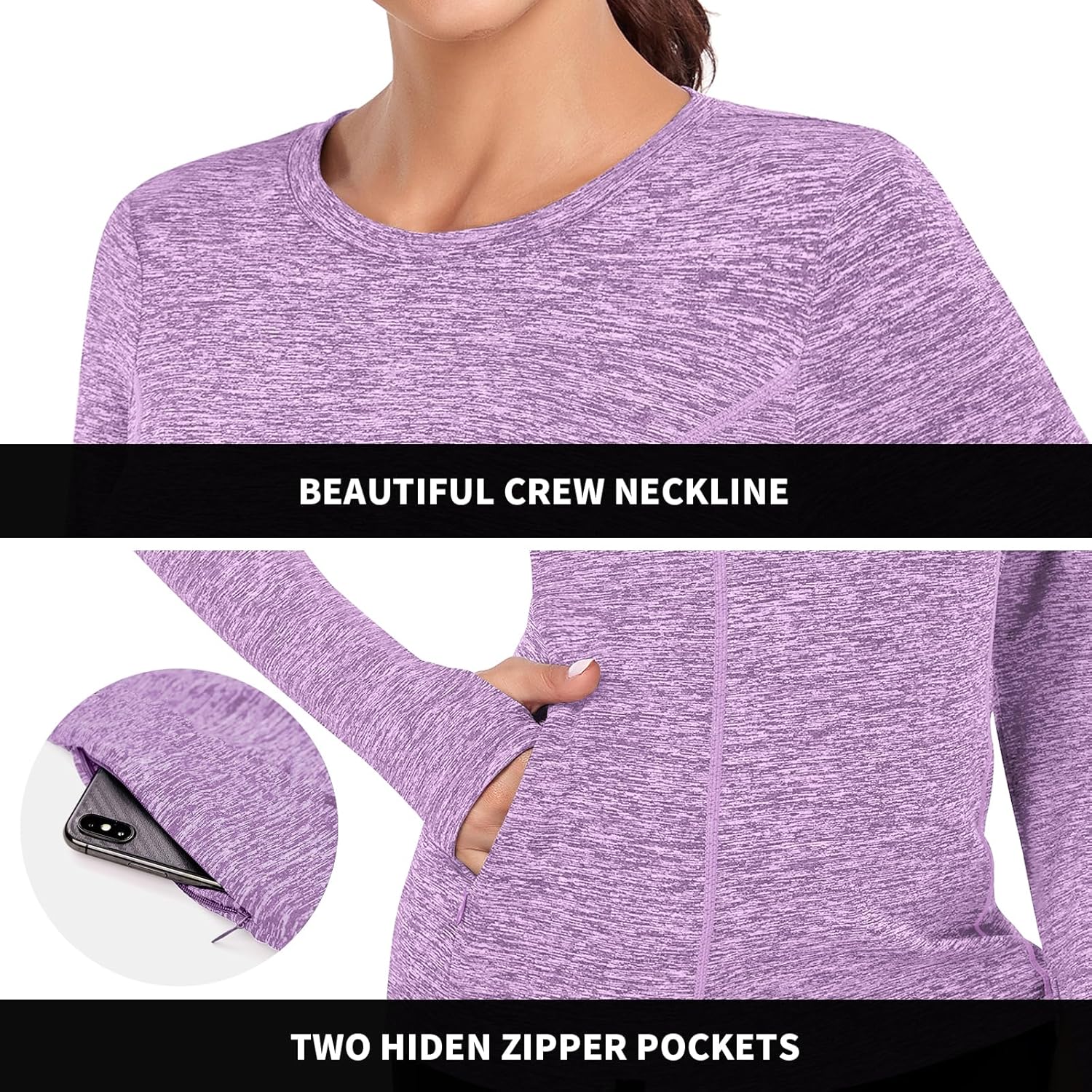 Soneven Women's Thermal Fleece Running Shirts Compression Shirts Quick Dry Workout Pullover Tops with Thumb Holes