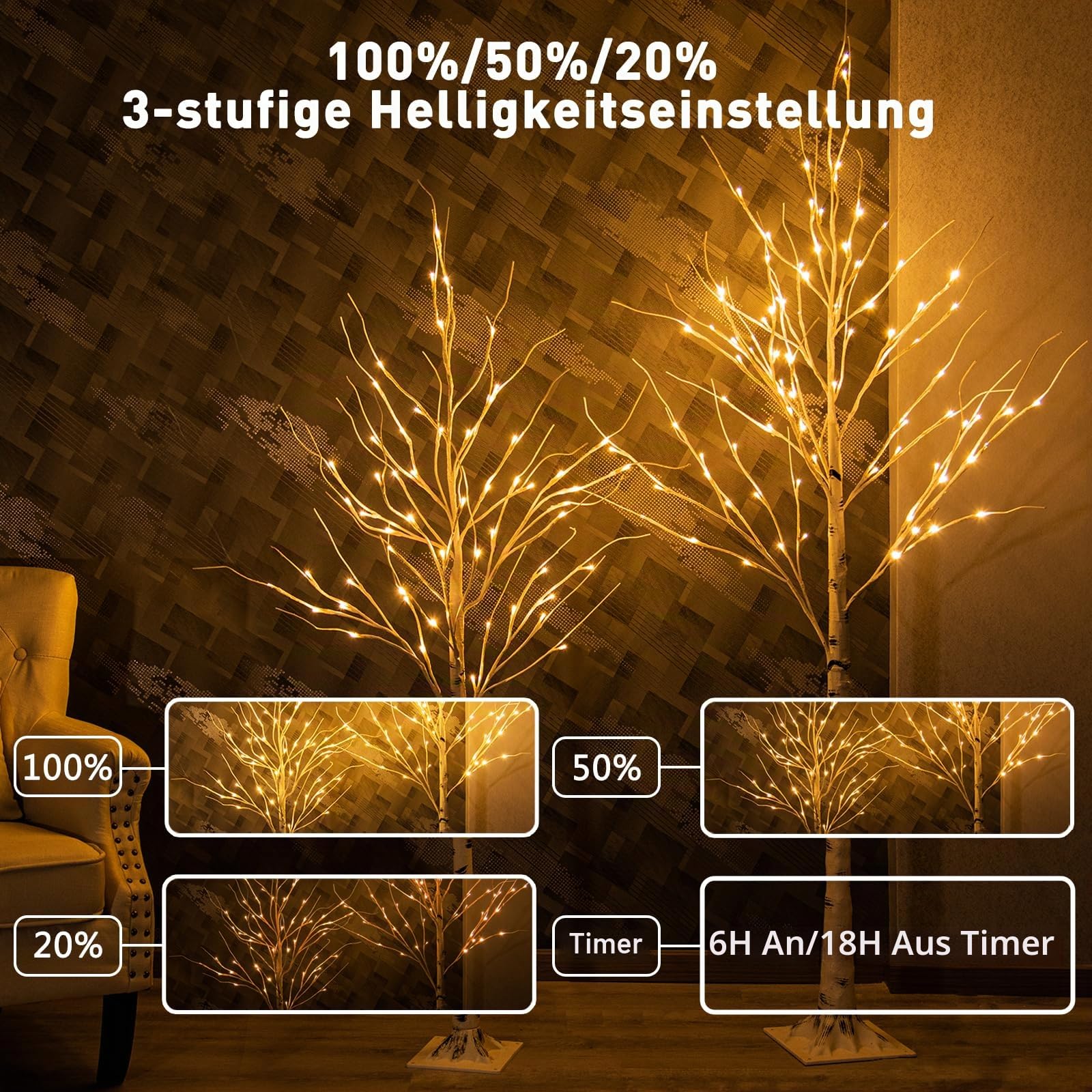 2PK Weiße Weihnachtsbäume Zweig Set mit Timer Lichterbaum mit Dimmfunktion Birke Baum mit warmweißen LEDs netzbetrieben mit Wasserdichter Adapter für Innen und Außen 1,5m+1,8m