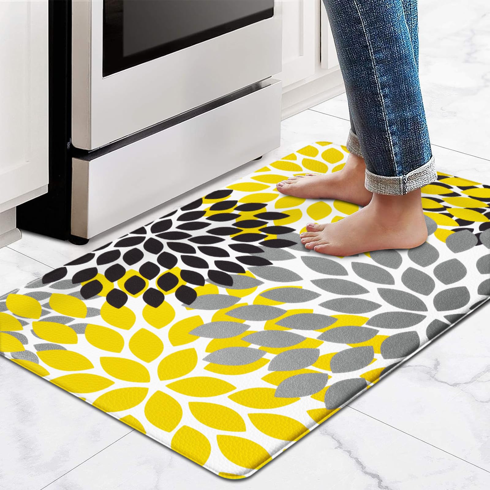 Likiyol Kitchen Mats for Floor, Anti-Fatigue Mats Kitchen Rugs Non Slip Washable, Boho Flower Waterproof Kitchen Decor Cushioned Comfort, Standing