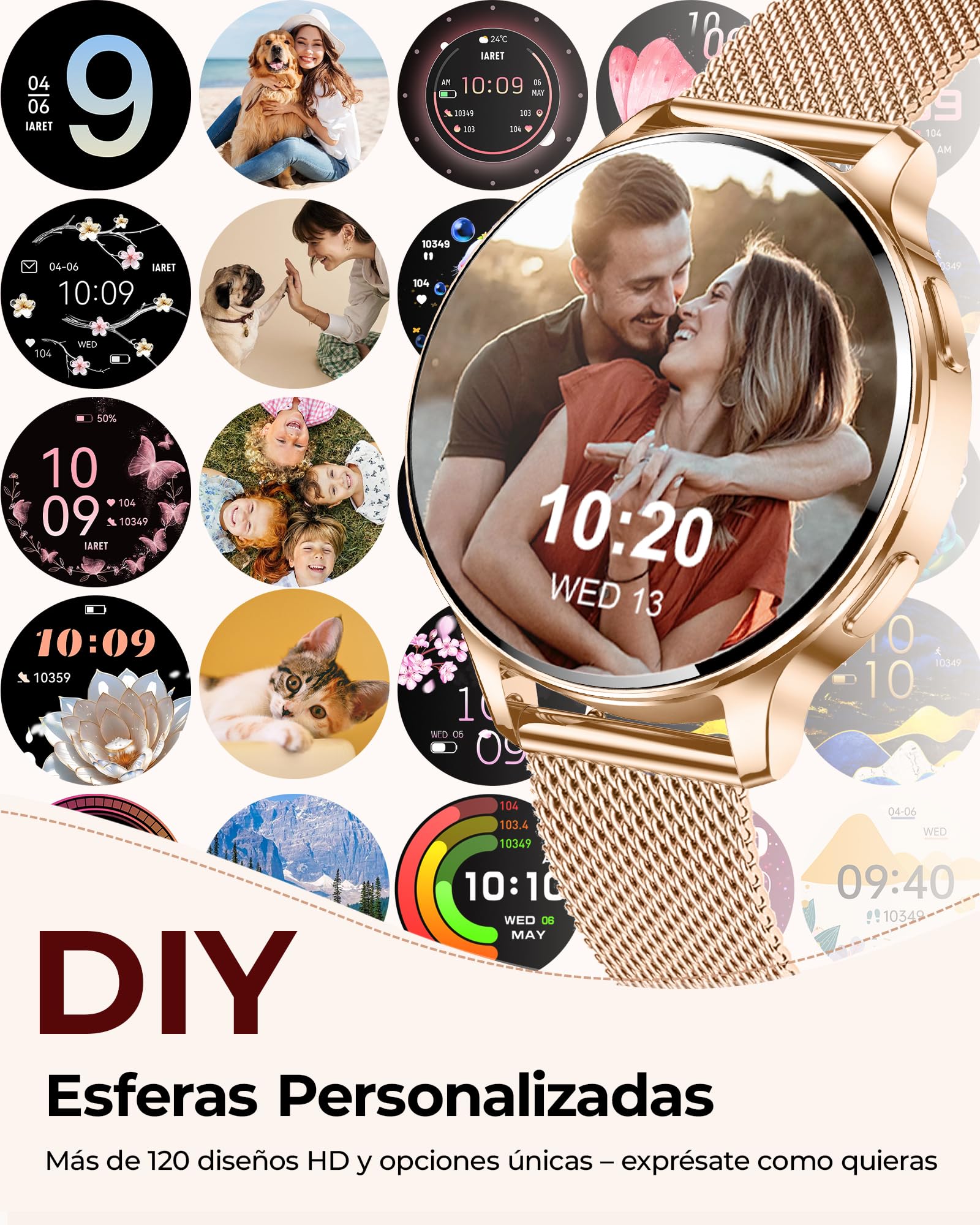 Iaret Reloj Inteligente Mujer con 3 Correas, 1,27" Pantalla AMOLED, Smartwatch Redondo con Llamadas Bluetooth, 120+ Modos Deportivos, SpO2/Pulsómetro/Sueño, para Android iOS, Regalo, Oro Rosa