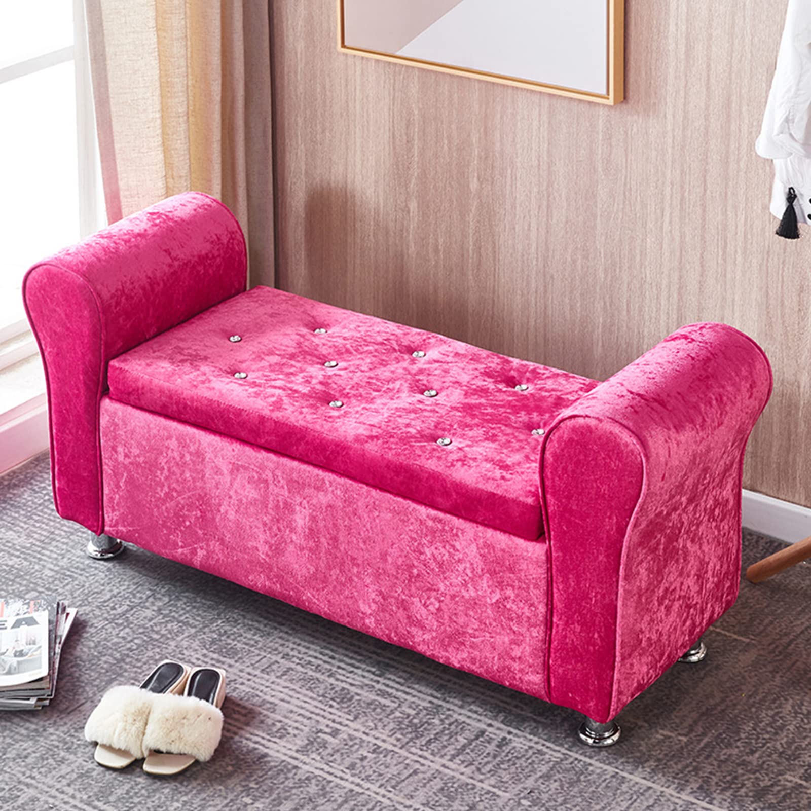 LMMIAOZ Velvet Upholstered Storage with Armrests Large Capacity Decor Foot Rest Stool for Bedroom Living Room Button Tufted Long Storage Pink 100x40x40cm