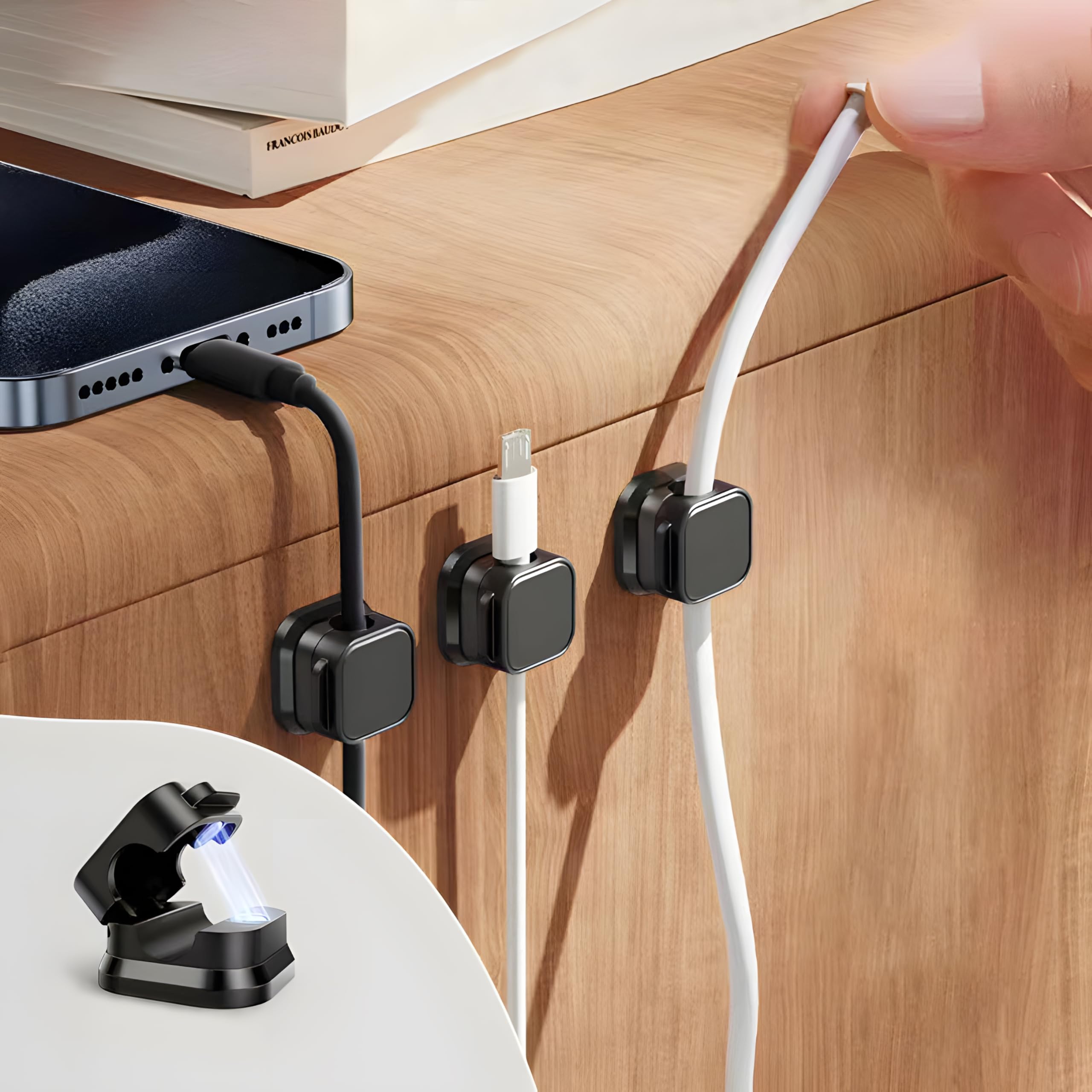 10Pcs Cable Clips, Cord Holder, Magnetic Clips, Cord Holder for Nightstand, Hide or Organize Phone Charging Cables, Various Power Cords, for Home, Office, Desk, Nightstand, Car (Black) — Amazon image 6