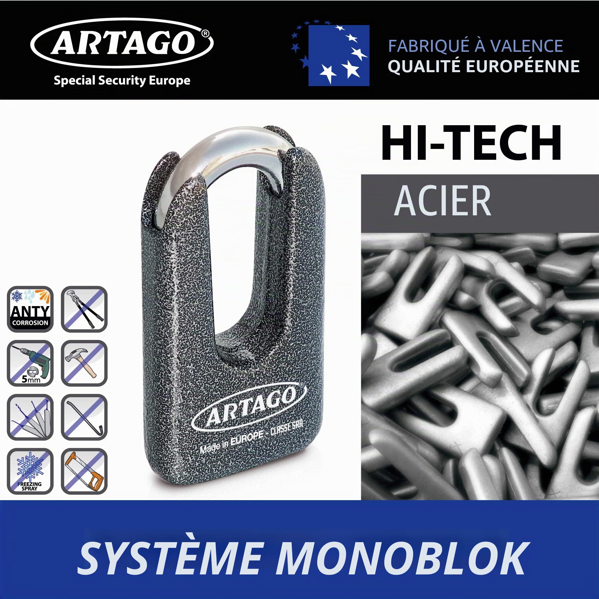 Artago 69T120 Chaine Antivol Moto Lourde + Mini U, Sécurité Maximale Homologué SRA, Sold Secure Gold, ø15mm 120cm, Cadenas Mini U en Acier Forgé MONOBLOK, Sécurité Maximale Testée, BUNKER SELECTION