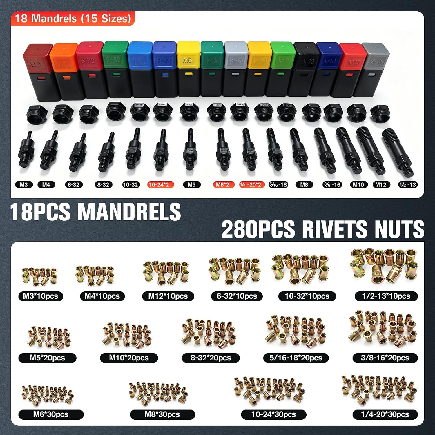 18-Mandrel Rivet Nut Tool Kit, 18 SAE & Metric Mandrels(15 Sizes), 280 Nuts