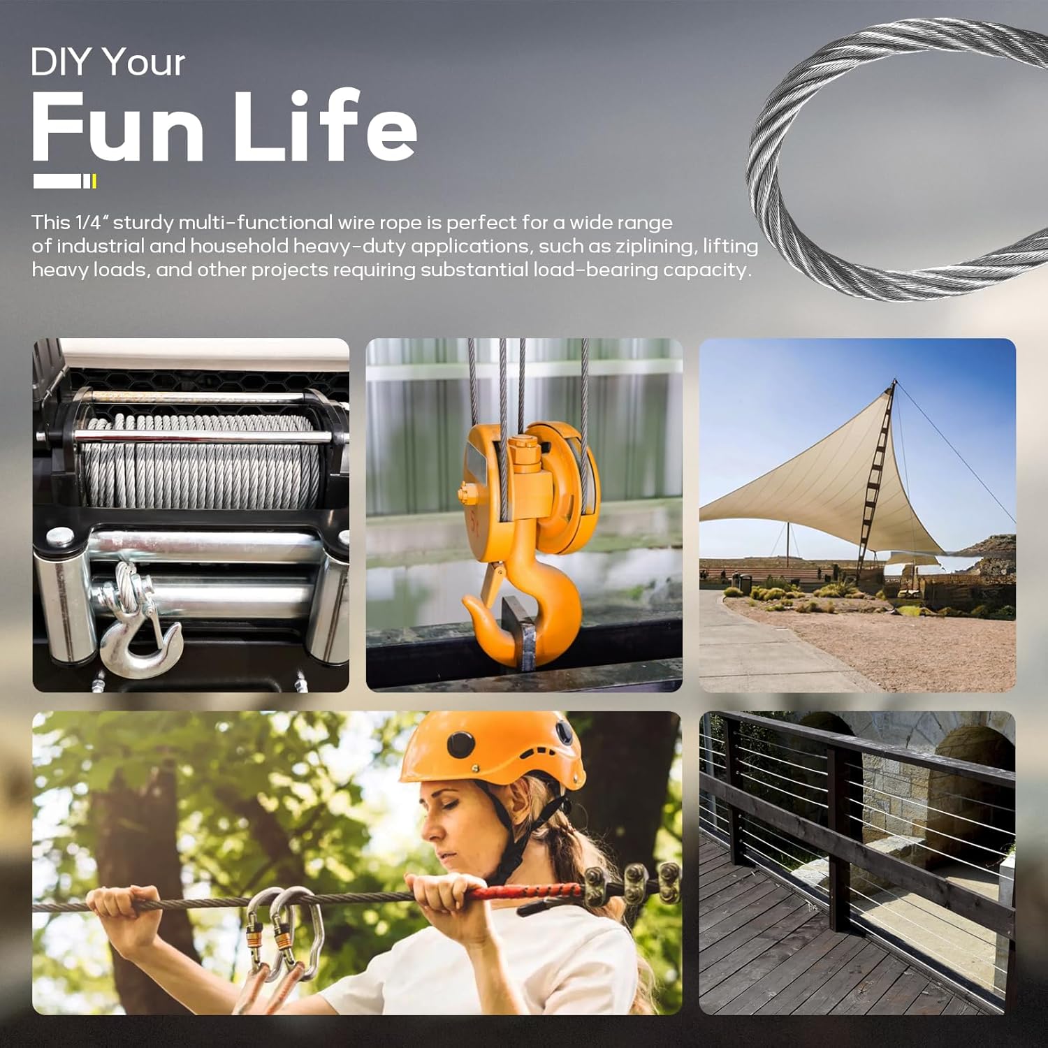 1/4" Stainless Steel Cable, 350FT Wire Rope Aircraft Cable with Cable Clamps and Thimbles for Backyard Zipline, String Lights and Deck Railing, 6x37 Strands Construction