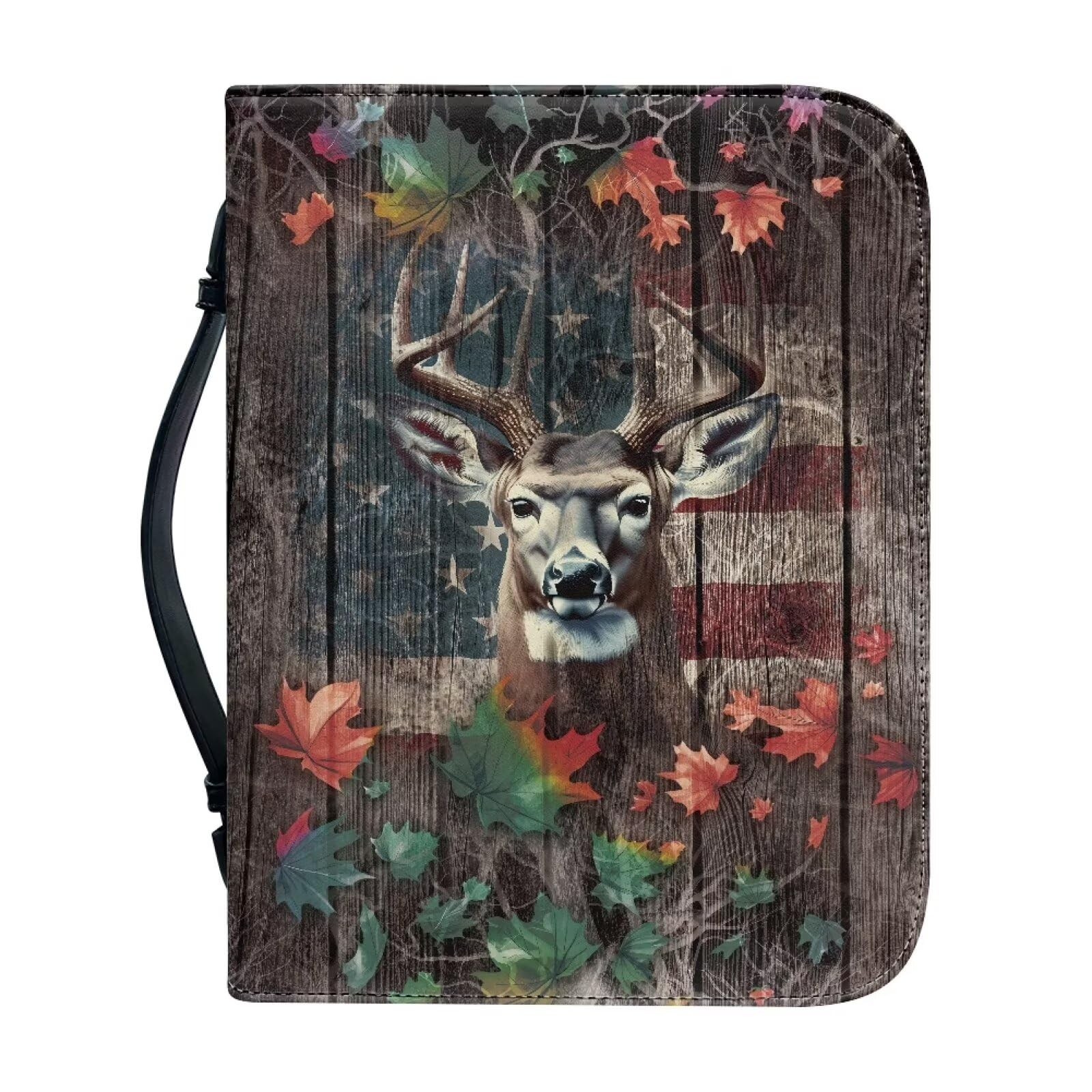 Talayituse Deer Print Faux Leather Bible Cover for Men Boys Women Girls Wood American Flag Christian Bible Case with Handle Carrying Book Case Protector Bible Tote Handbag Gifts, M โ image 1