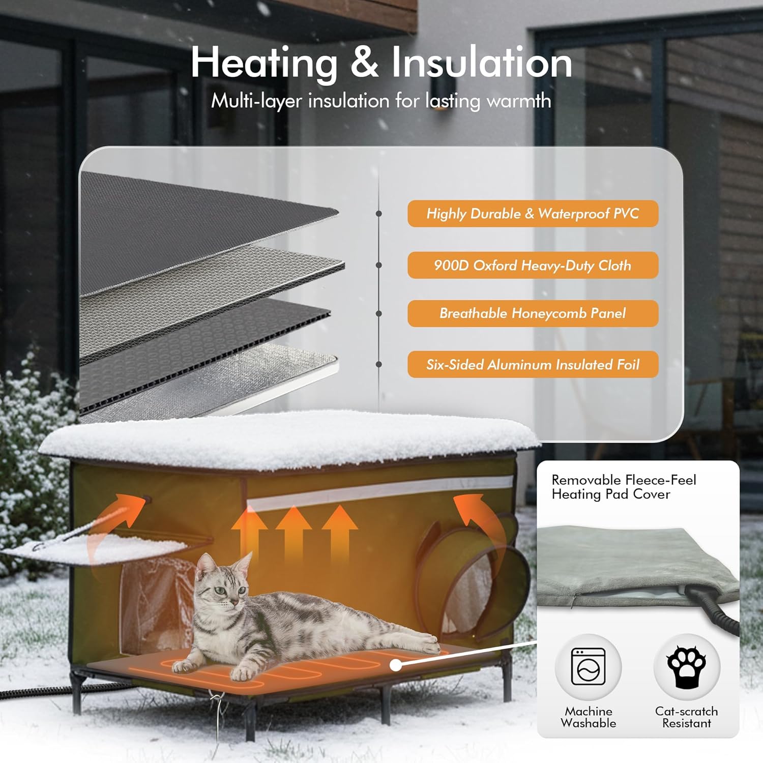 Heated Outdoor cat House for Outside, Weatherproof Insulated Feral Cat Shelter with Timer-Temp Control Heating Pad in Winter, Large Elevated Outdoor Cat House with Zipper, 2 Doors, Safety- Army Green