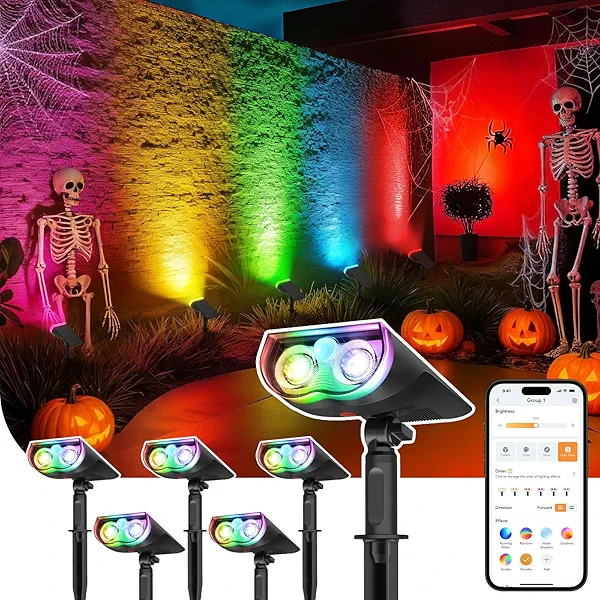 Linkind Smart Solar Spot Lights Outdoor SL5 with Motion Sensor, APP Control Color Changing Solar Halloween Lights Outdoor, IP65 Landscape Lighting for Yard, Garden, Pathway(6 Pack)