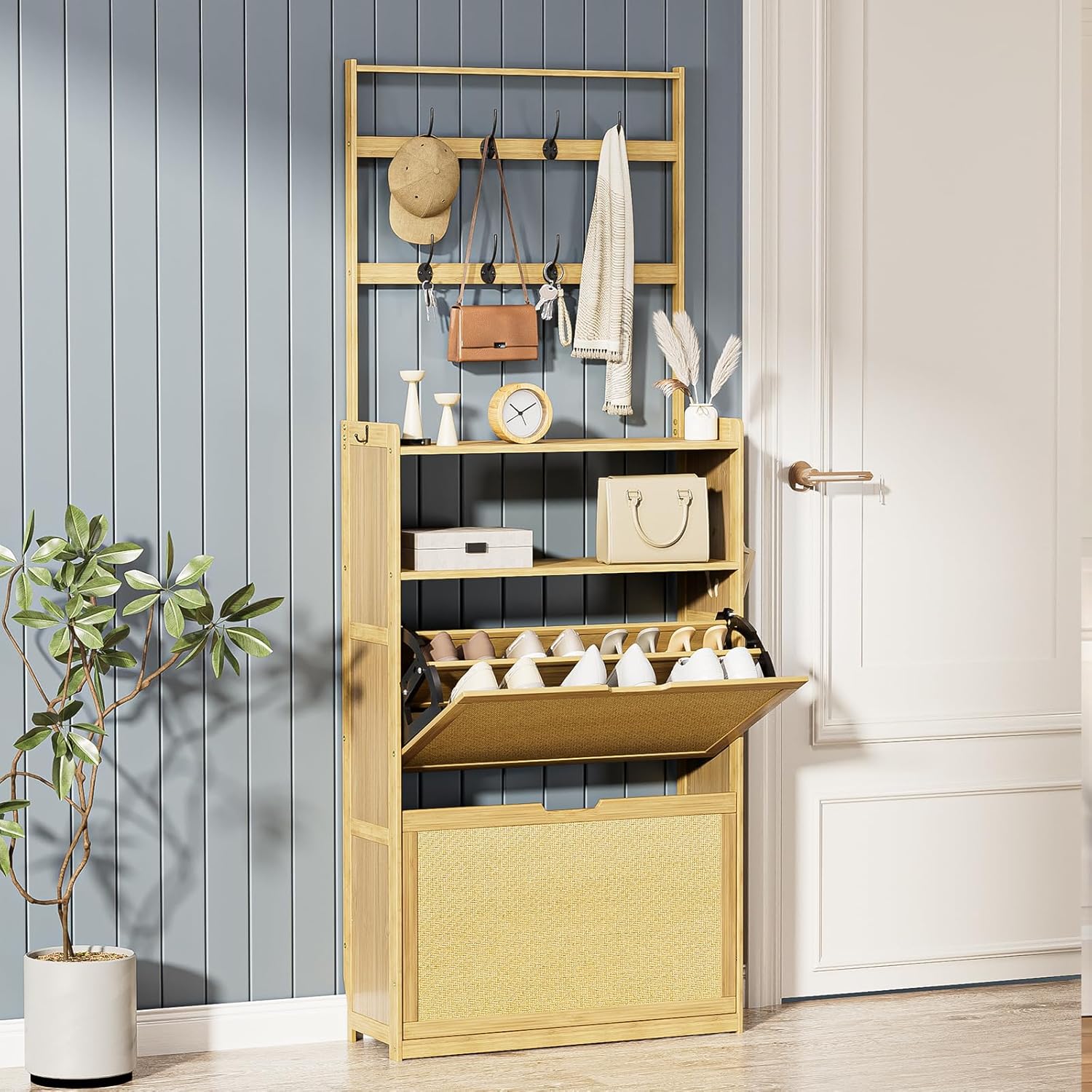 Shoe Cabinet with 2 Rattan Flip Drawers，Bamboo Shoe Storage Cabinet with Coat Hooks, Freestanding Shoe Cabinet Storage for Entryway,Hallway, Closet, Living Room,Natural