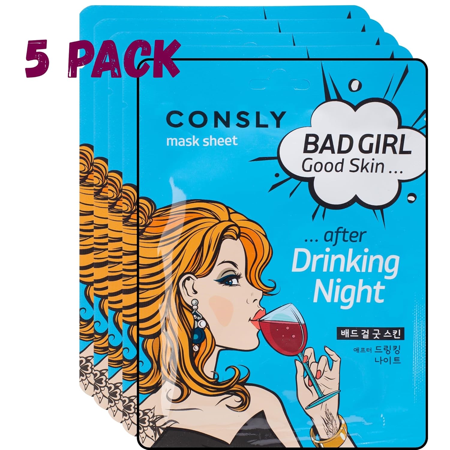 BAD GIRL Korean Sheet Mask Pack – After Drinking Night | Hydrating & Refreshing Face Mask | 5 Pack | K-Beauty Skincare | Made in Korea | 23 ml Each