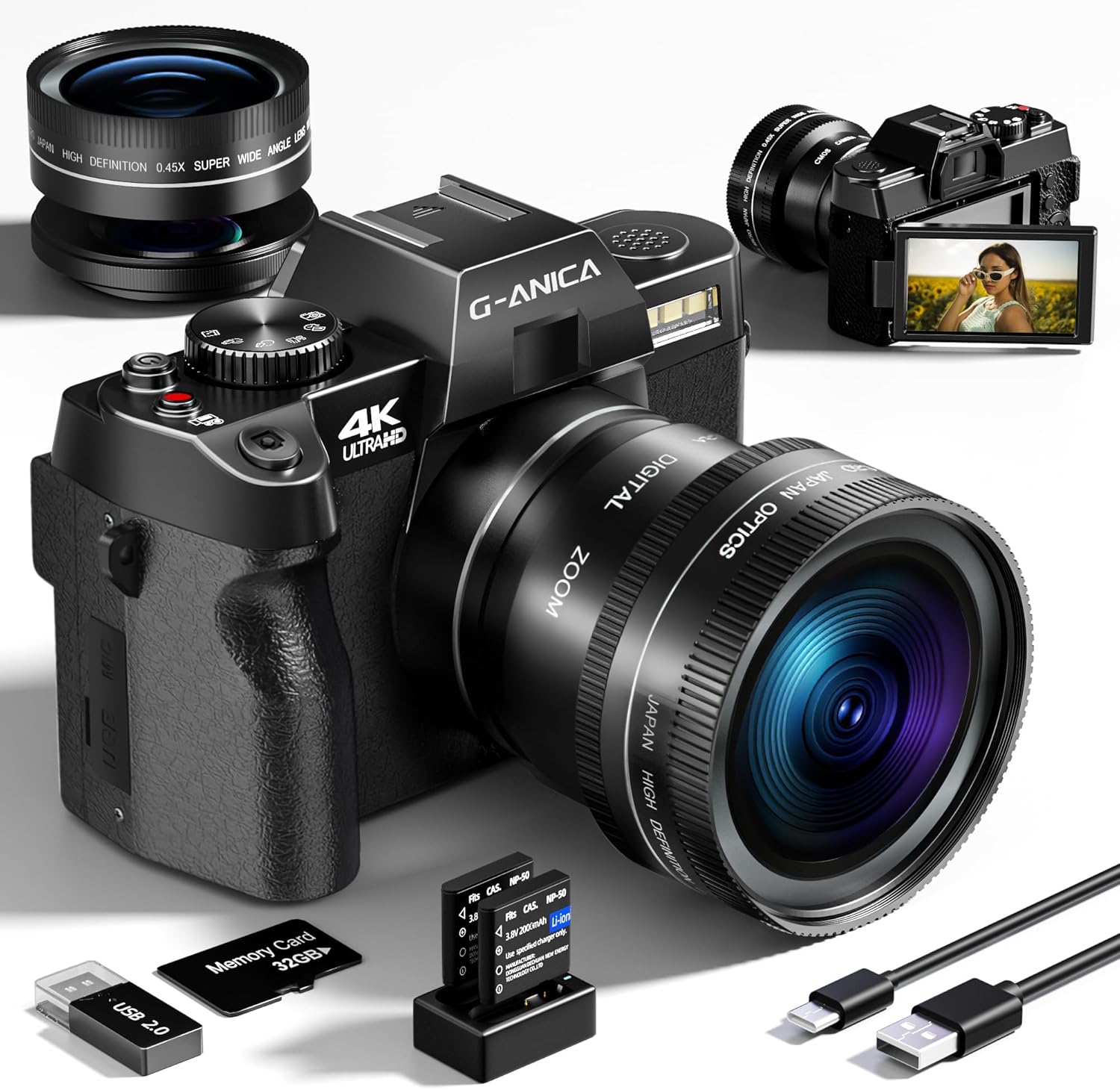 4K Vlogging Camera with Detachable Macro & Wide Lens Kit - WiFi & App Control, Supports Up to 48MP Photos, Compact Digital Cam for Beginners, 16X Zoom & Anti-Shake (32GB Card Included)