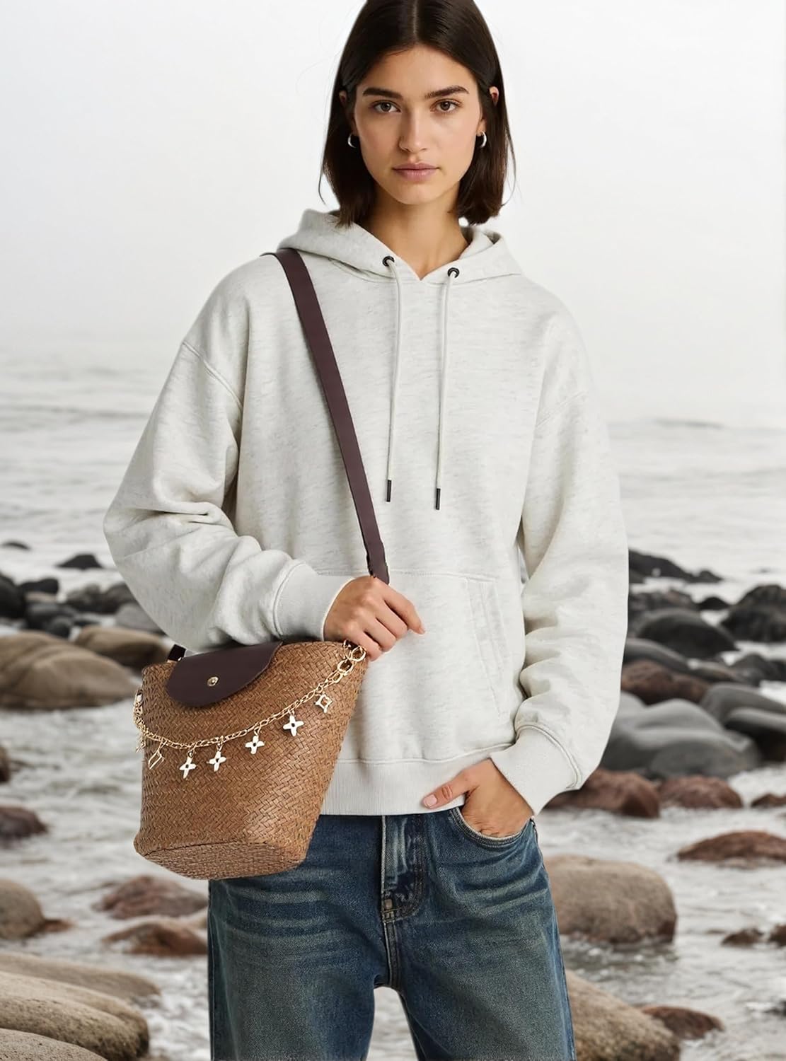 Women's Natural Straw Crossbody Bag Shoulder Bag Tote Handbag hobobag Purse Bag with Chain for Travel, Shopping, Camping, Beach Vacations - Image 3