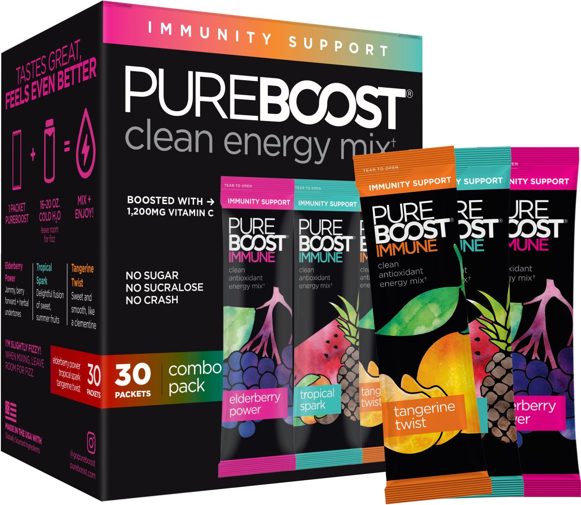 Pureboost Sugar-Free Immune Clean Energy Booster, Combo Pack 30 Count, Refreshing Energy Drink Mix and Immunity Supplement with Elderberry, 1,200 mg Vitamin C, Vitamins A + D, and Zinc
