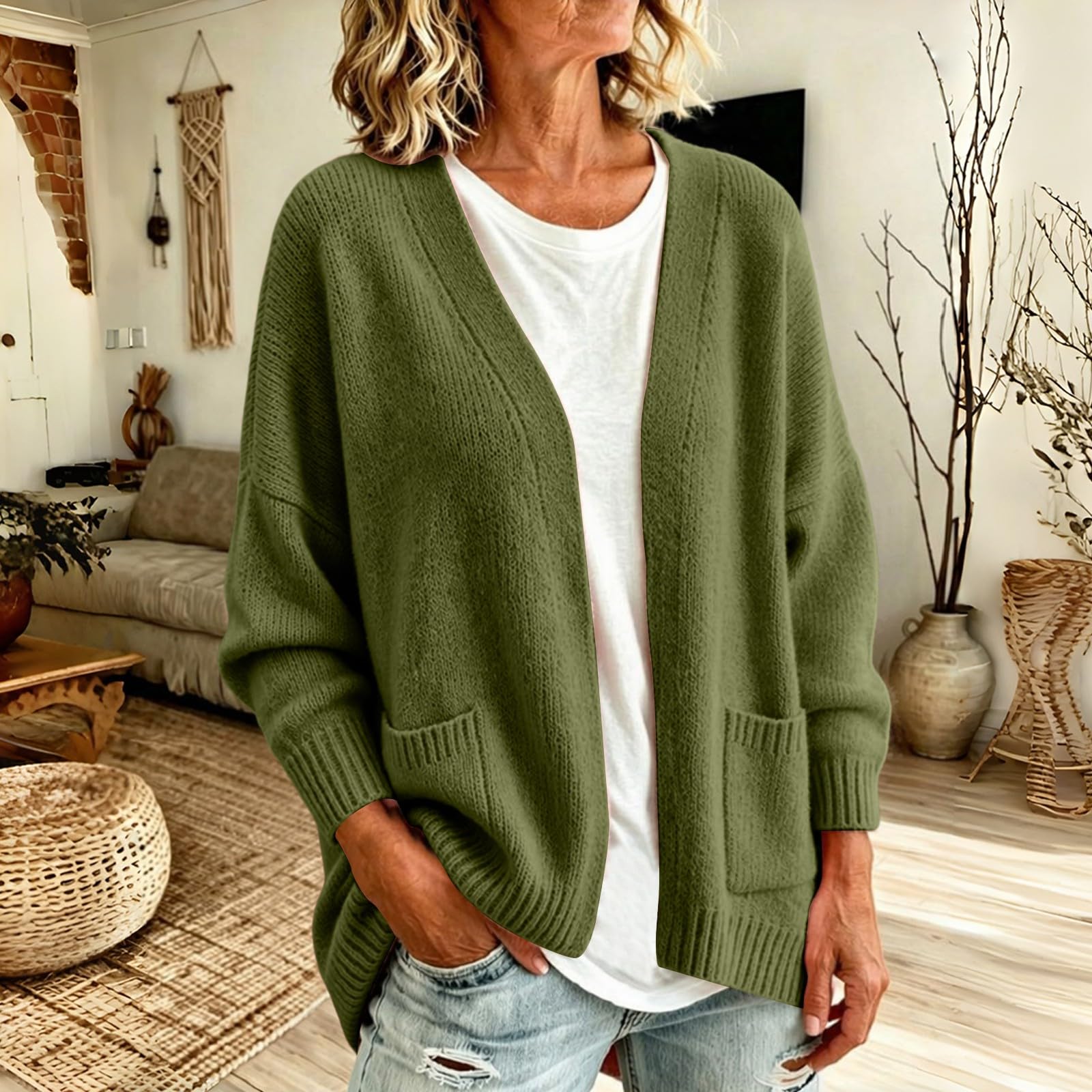 Longline Cardigan sciolto da donna aperto tasca frontale morbido maglione