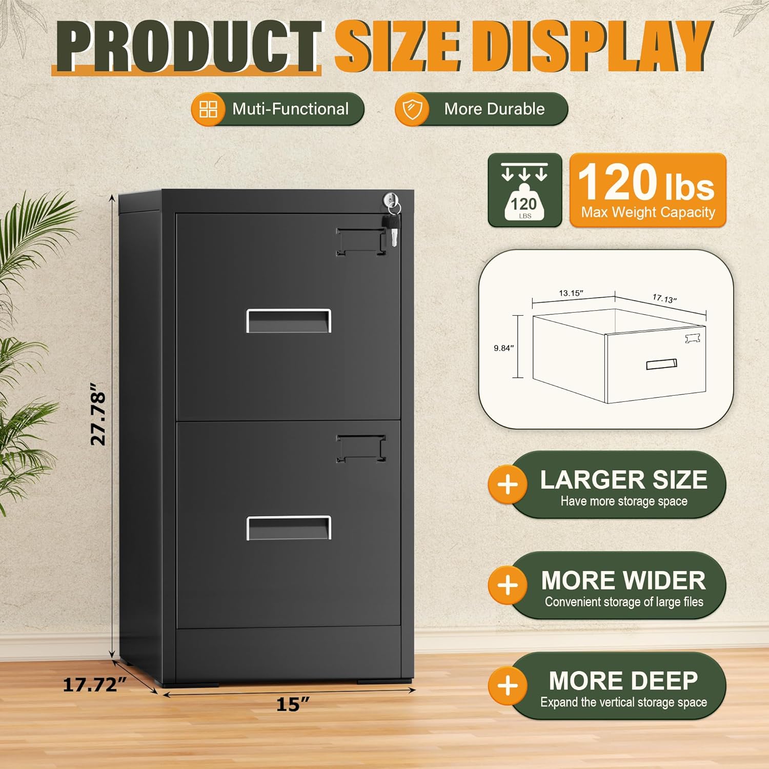 Greenvelly 2 Drawer File Cabinet with Lock, Lockable Vertical File Cabinets for Home Office, Black Metal Filing Cabinet for A4/Letter/Legal Size File, Easy Assemble