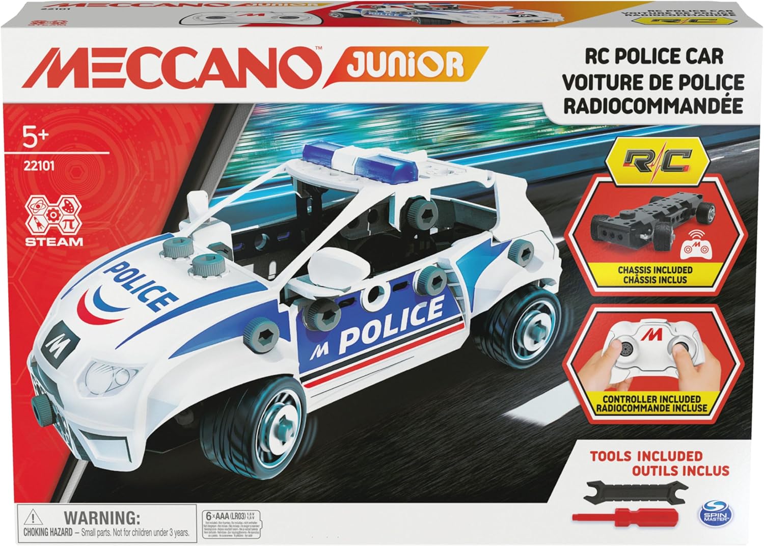 MECCANO Junior, RC Police Car with Working Trunk and Real Tools, Toy Model Building Kit, STEM Toys for Kids Ages 5 and up