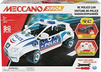 MECCANO Junior, RC Police Car with Working Trunk and Real Tools, Toy Model Building Kit, STEM Toys for Kids Ages 5 and up