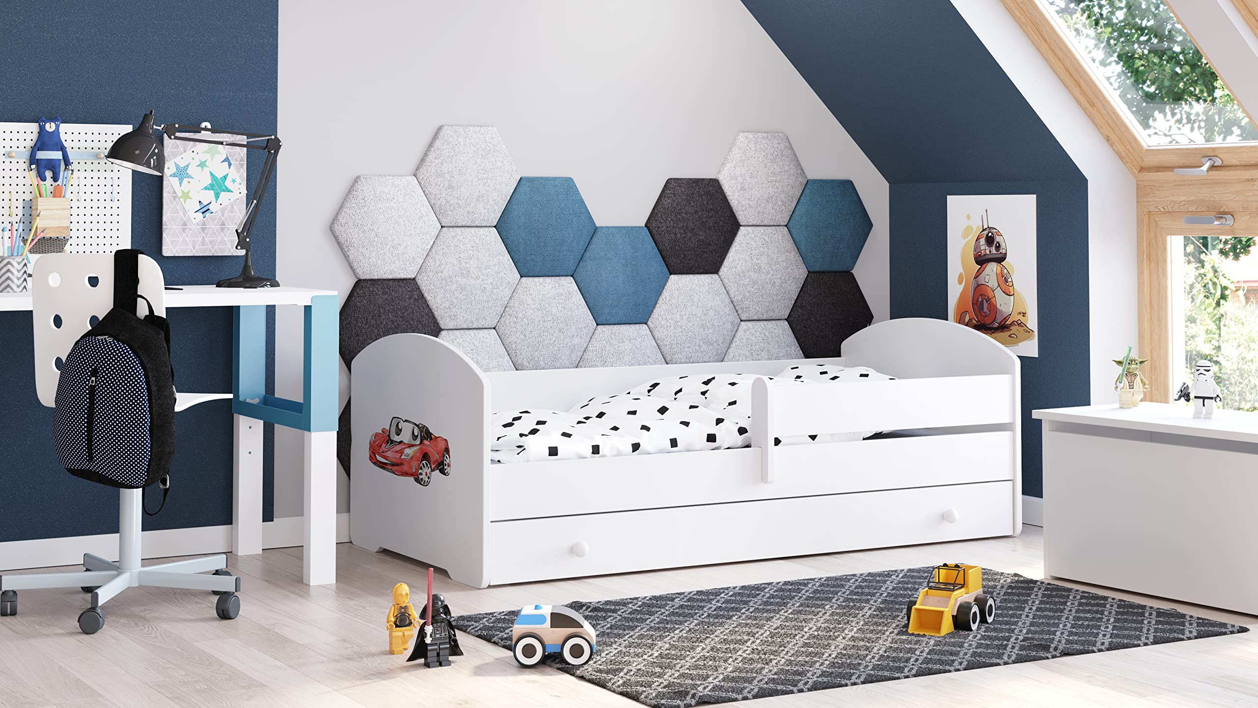 KOBI LUK - Cama infantil (140 x 70 cm), color blanco y blanco con almacenamiento con cajón, 140 x 70 cm | Cama infantil pequeña con camas para niños, con colchón y marco | Habitación Bebe | Cama