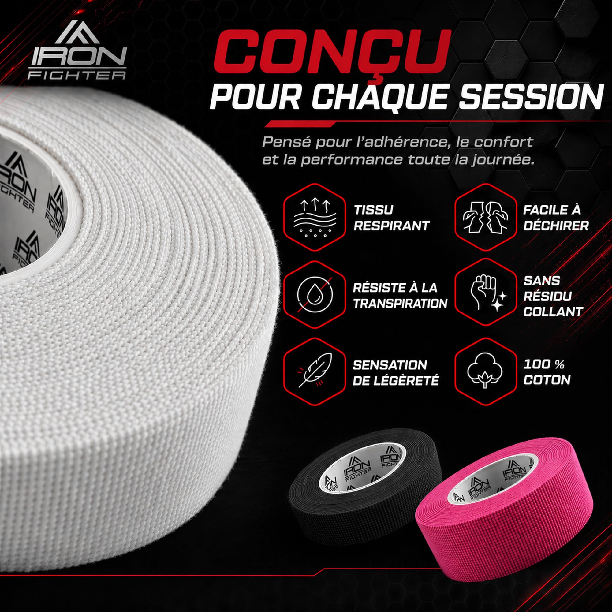 6X Strap Doigt 0,8cm x 13,7m (Total 82m) - JJB Jiu Jitsu Bresilien - Escalade - Crossfit - MMA - Grappling - Judo - Volleyball - Musculation - Rouleaux de Finger Tape Noir