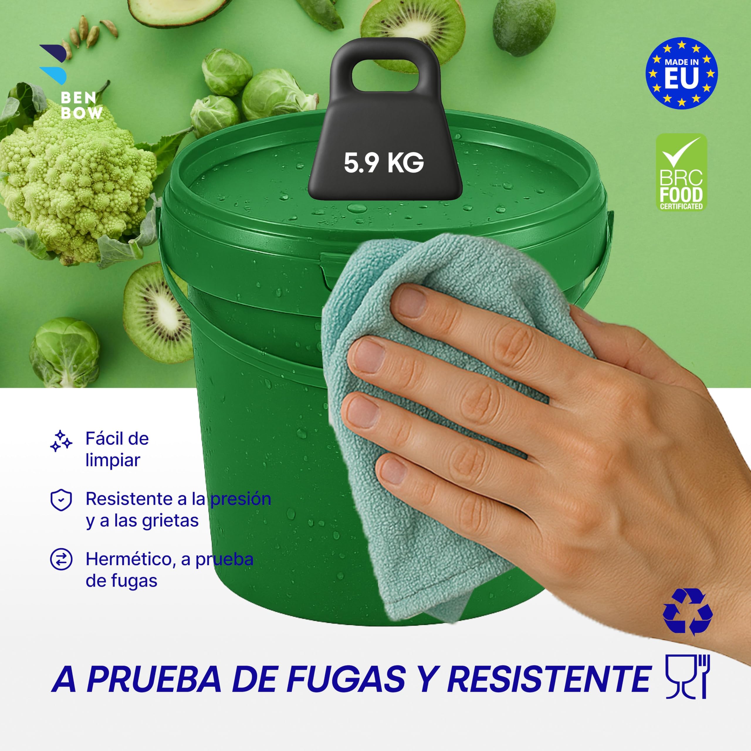 BenBow Cubo con Tapa 1l Verde 100x 1 litros - Apto para Alimentos, Resistente, hermético, a Prueba de Fugas, sin olores - contenedor de plástico para Almacenamiento, con asa - vacío