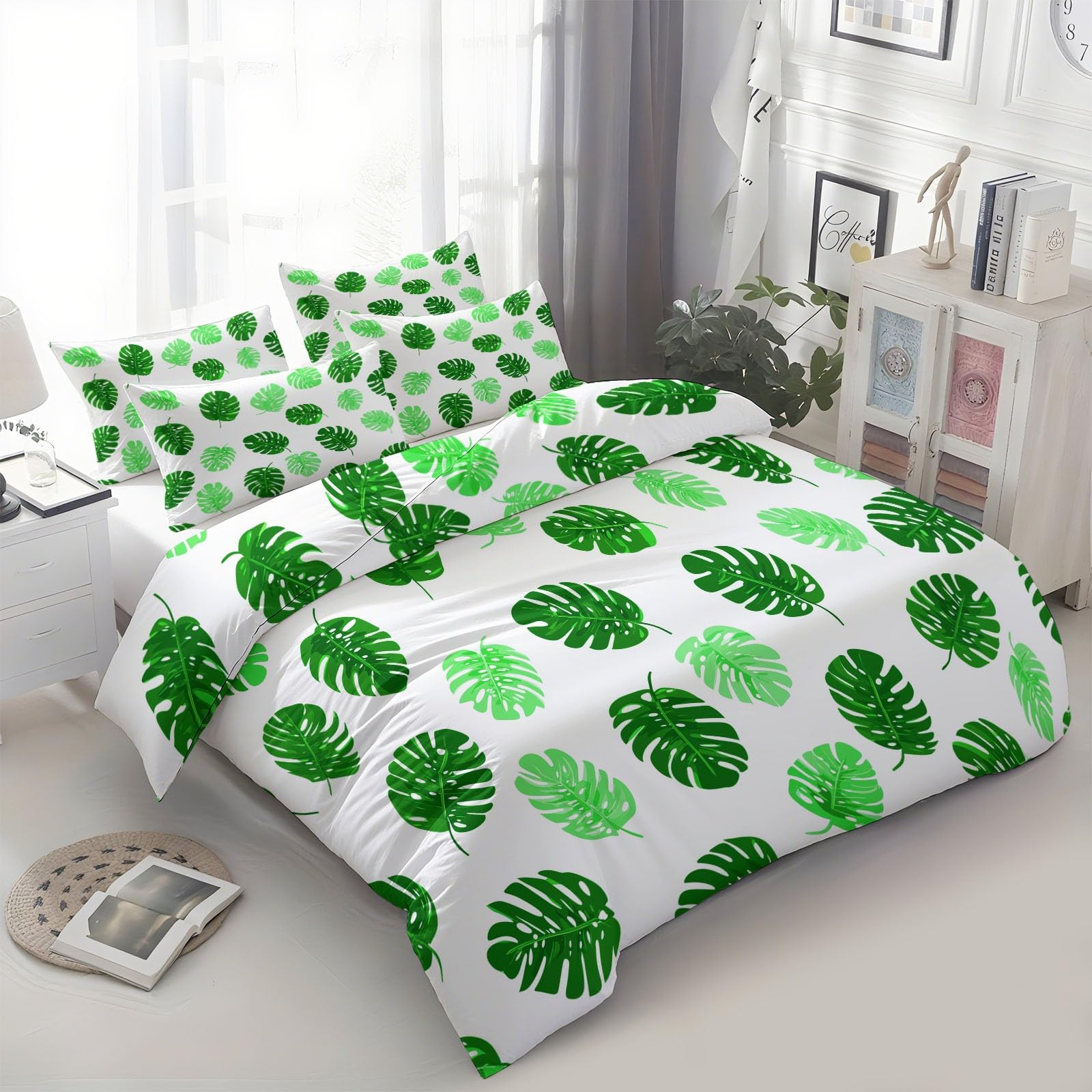 Zestawy kołder, tekstura, liście bambusa, roślina, zestaw 3 szt., super king, 260 x 220 cm, dwustronny, ciepły zestaw poszewek na kołdrę do sypialni, hotelu lub na prezent, 100% szczotkowana