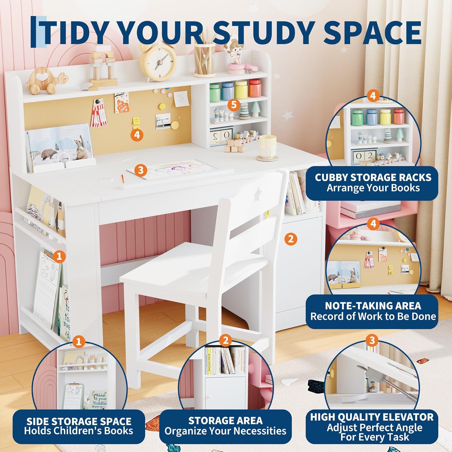 Garvee Kids Study Desk & Chair Set with Storage, Kids Study Desk with Hutch and Tiltable, Wooden Children Table with Storage Cabinet for 3-8 Years Old, Student Writing Table for Bedroom